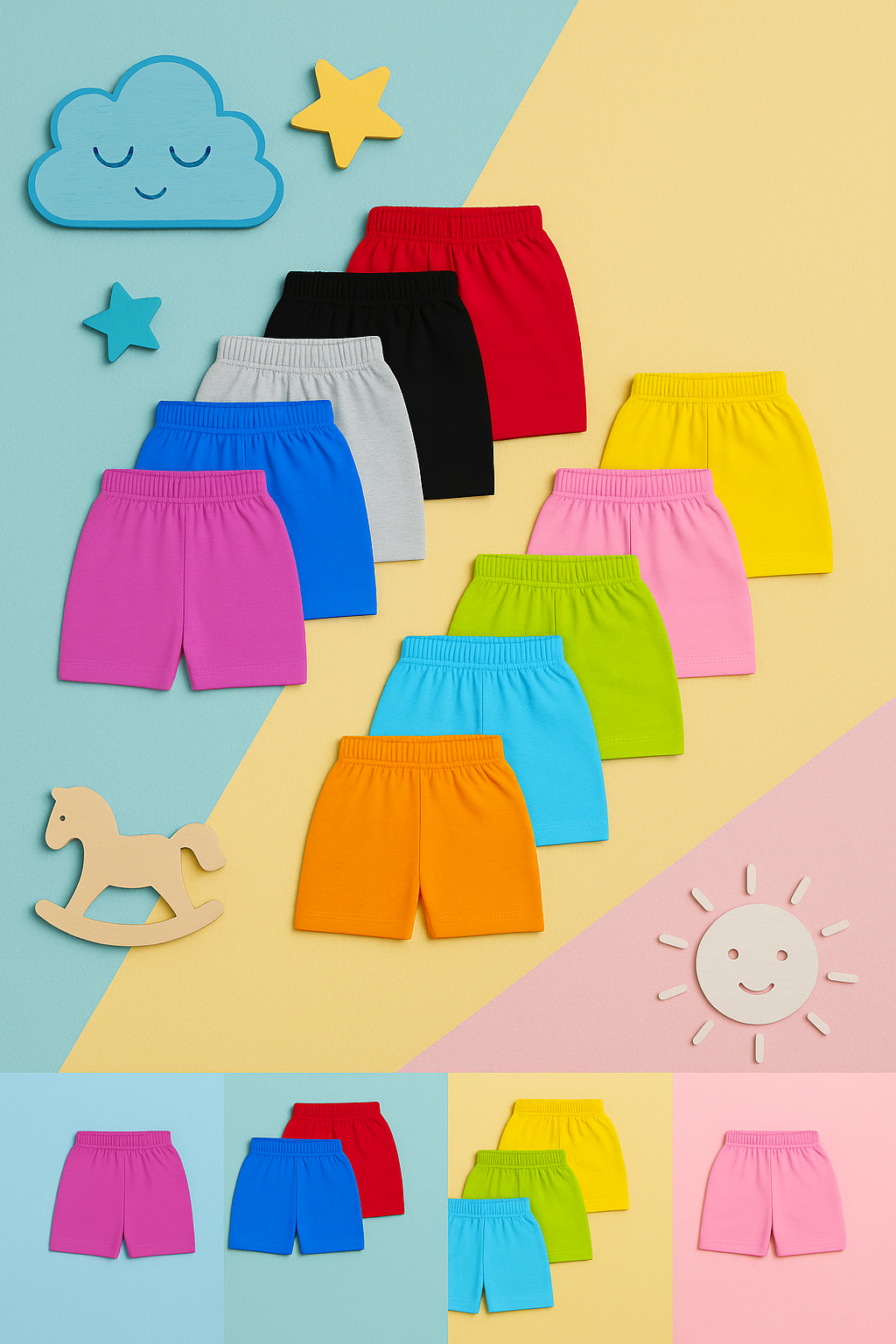 Pure Cotton Plain Shorts for Girls Kid with Elastic Age 1 To 2 (Pack of 10)
