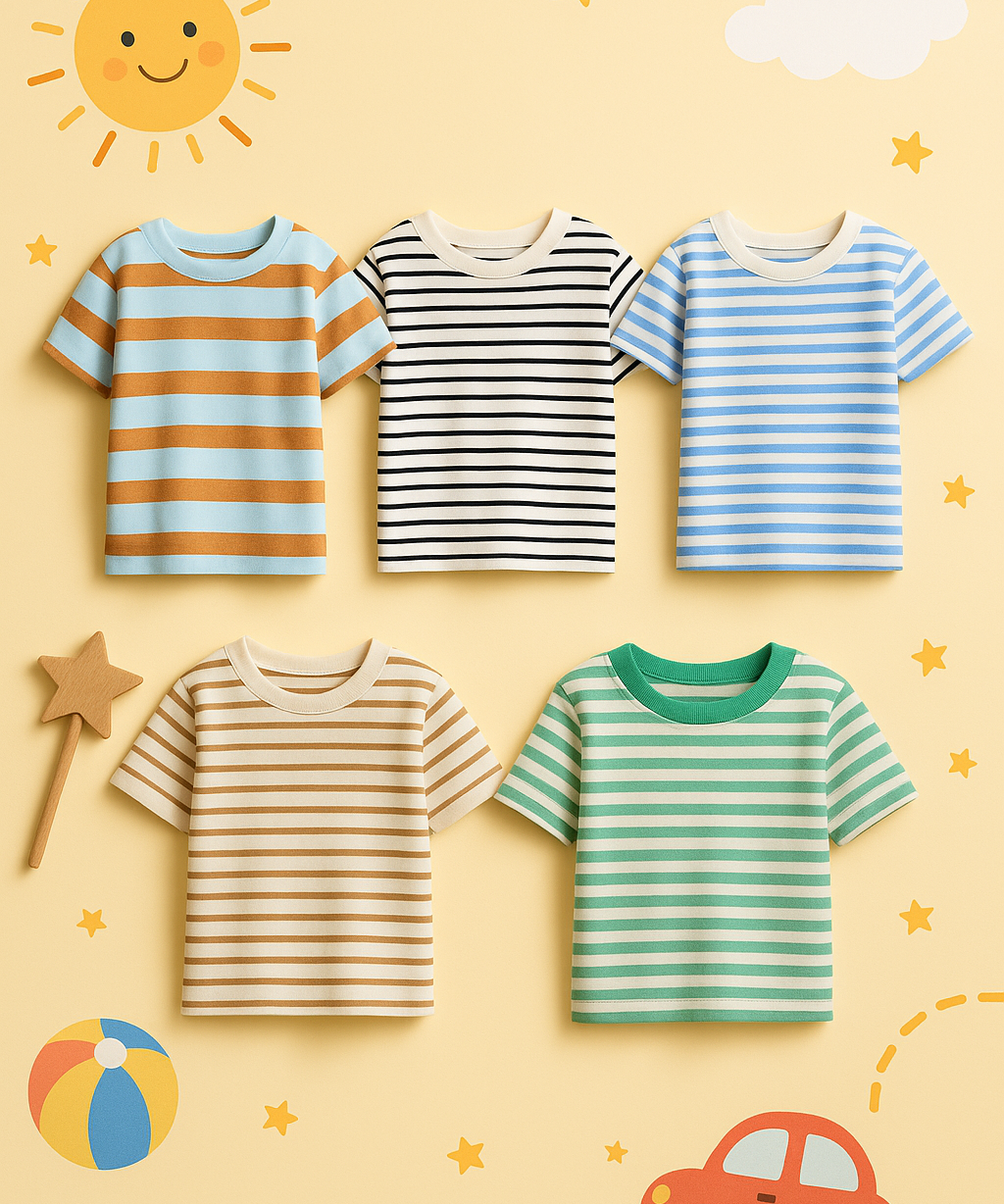 Kids 100% Cotton Stripes 1 To 2 Years / S Size Kids T-shirt (Pack of 5)
