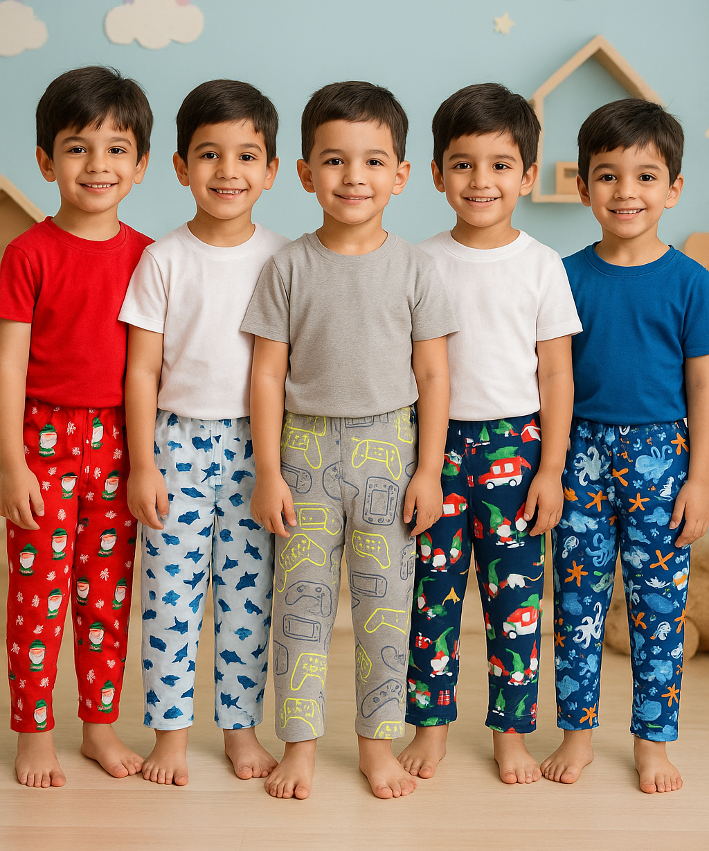 Pure Cotton Printed Trackpant for Casual Night wear for Kids Boys Age 1 To 2 Years M Size (Pack of 5)
