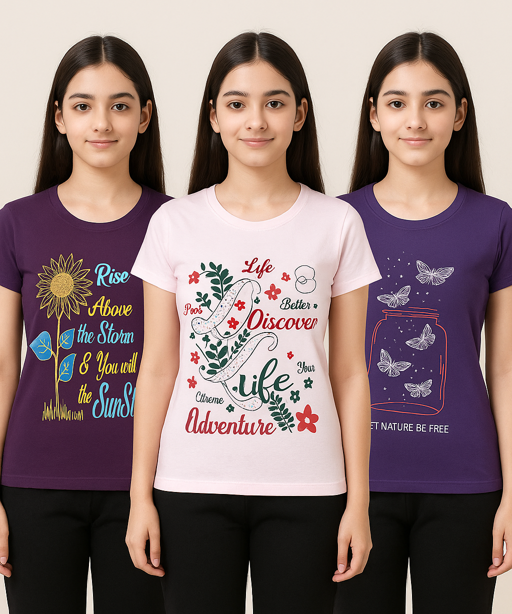 Womens's Half Sleeve Printed Round Neck Multicolor T-Shirt Combo (Pack of 3)