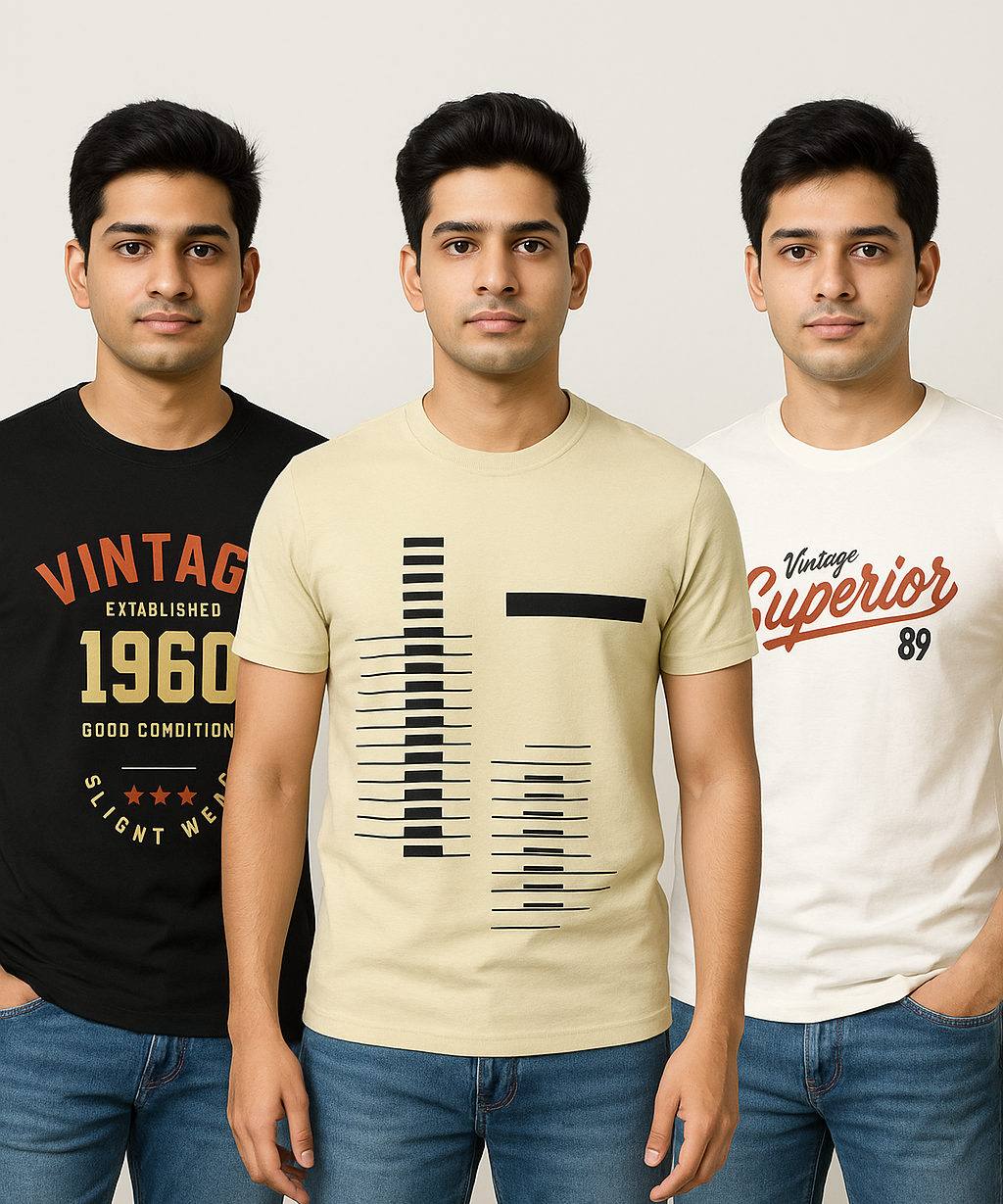 Men's Half Sleeve Printed Round Neck T-Shirt Combo (Pack of 3)