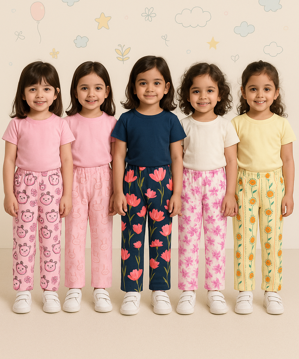 Pure Cotton Printed Pyjamas / Track Pant for Casual Night wear for Girl Kids Age 0 To 5 Years (Pack of 5)