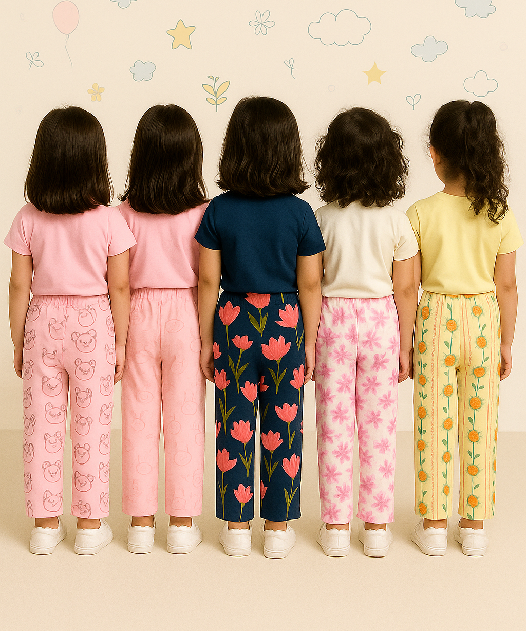 Pure Cotton Printed Pyjamas / Track Pant for Casual Night wear for Girl Kids Age 0 To 5 Years (Pack of 5)