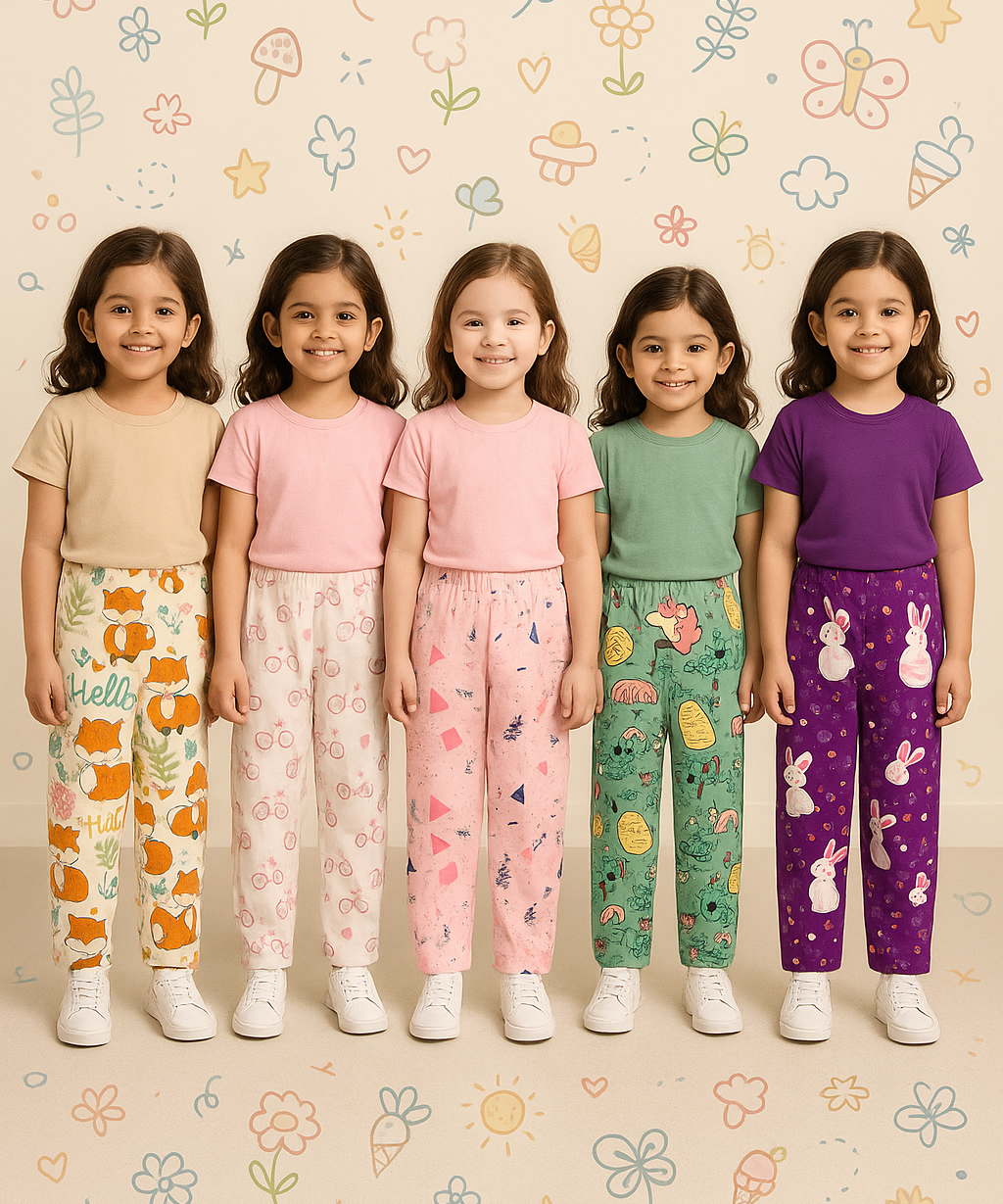Pure Cotton Printed Pyjamas / Track Pant for Casual Night wear for Girl Kids Age 0 To 5 Years (Pack of 5)