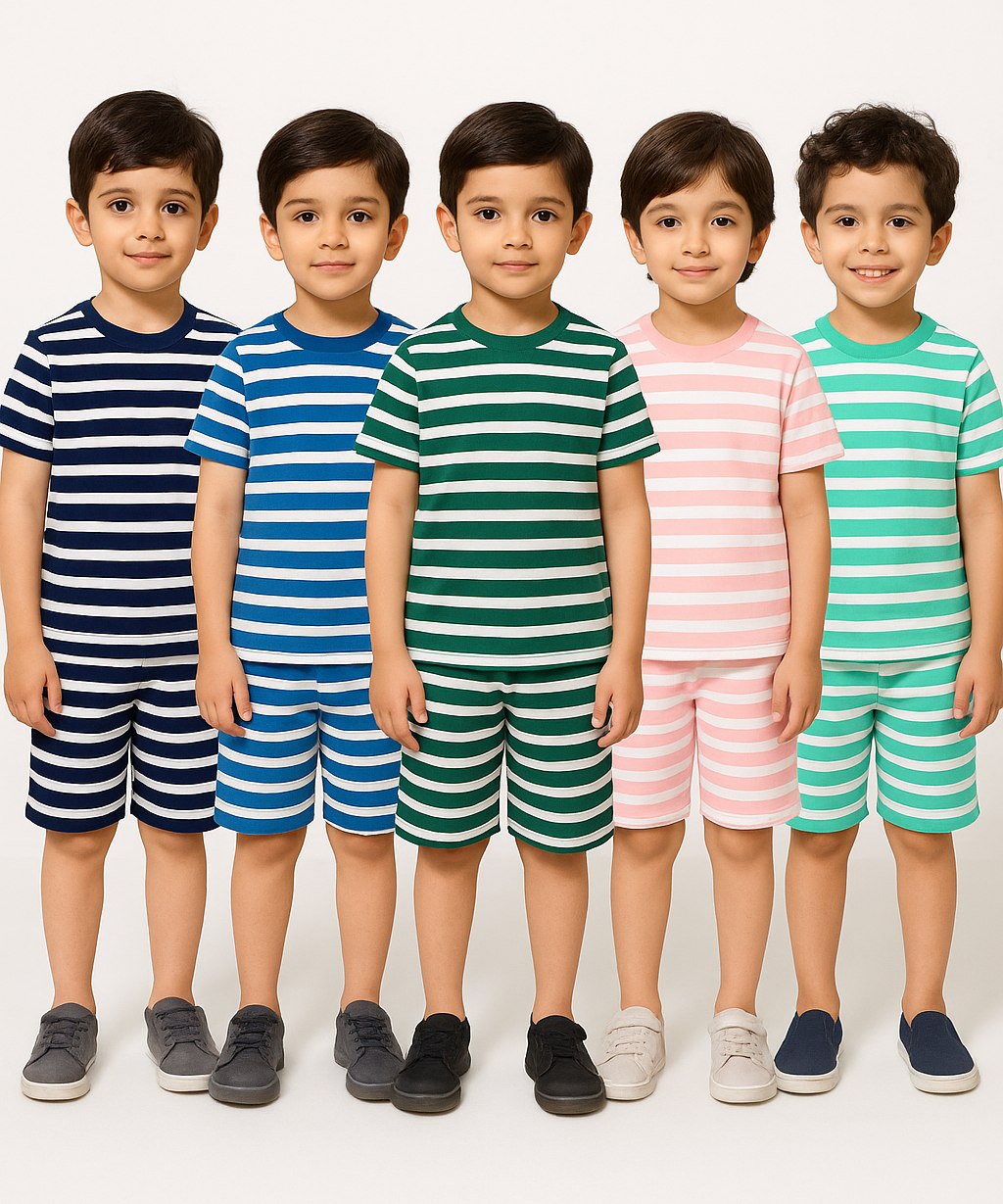 Boys Cotton Stripes Kids Co-ord Set Combo / Age 1-4 Years (Tshirt & Shorts Set Pack of 5)