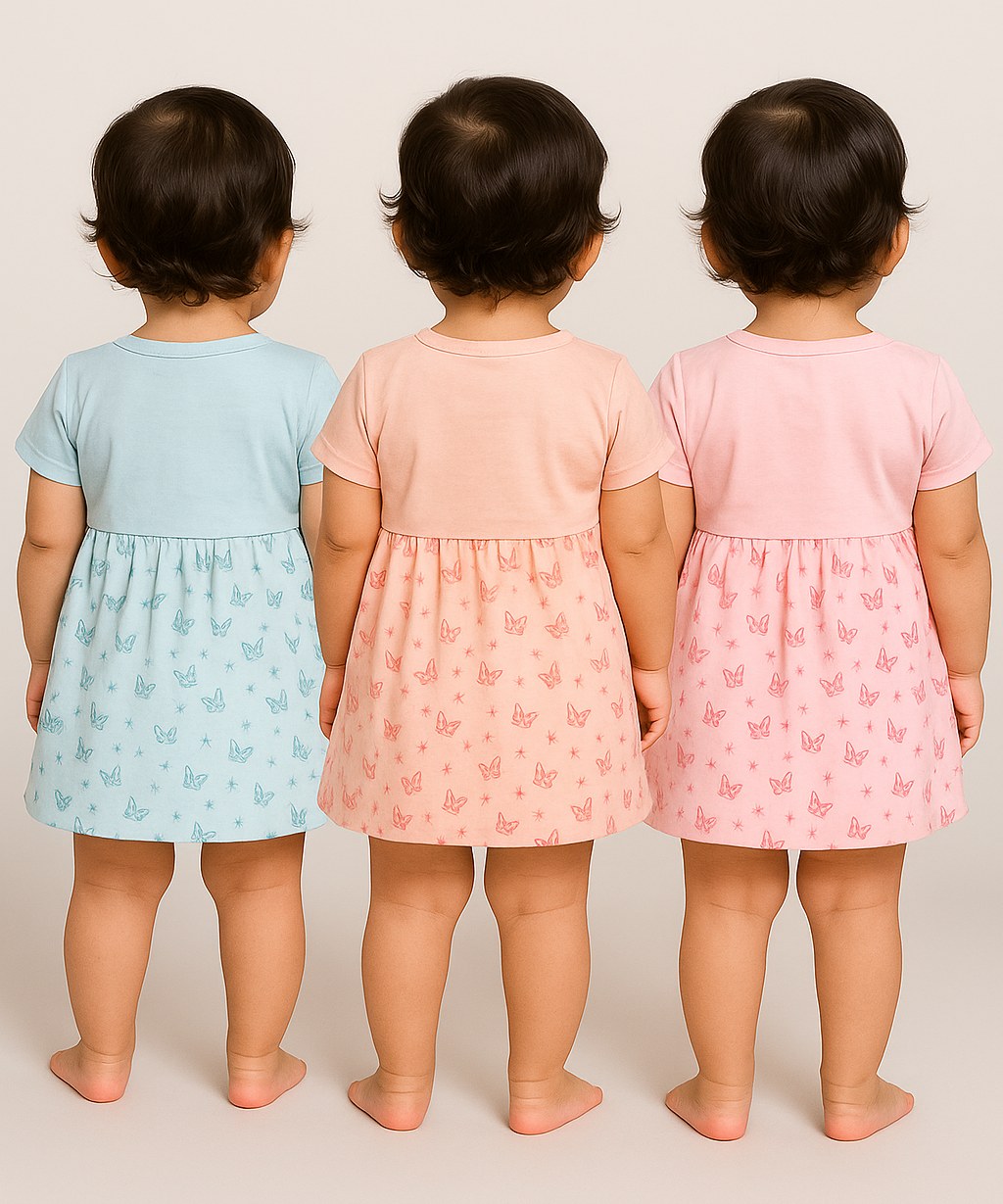 Girl Baby Frock and Underwear Set | 100% Cotton Printed Gown Dress/Frock Dress | Age 0-12 Months (Pack of 3 Sets) - 2106