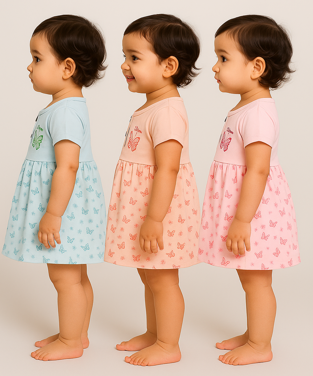 Girl Baby Frock and Underwear Set | 100% Cotton Printed Gown Dress/Frock Dress | Age 0-12 Months (Pack of 3 Sets)