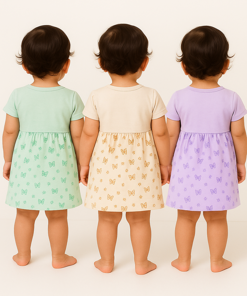 Girl Baby Frock and Underwear Set | 100% Cotton Printed Gown Dress/Frock Dress | Age 0-12 Months (Pack of 3 Sets)