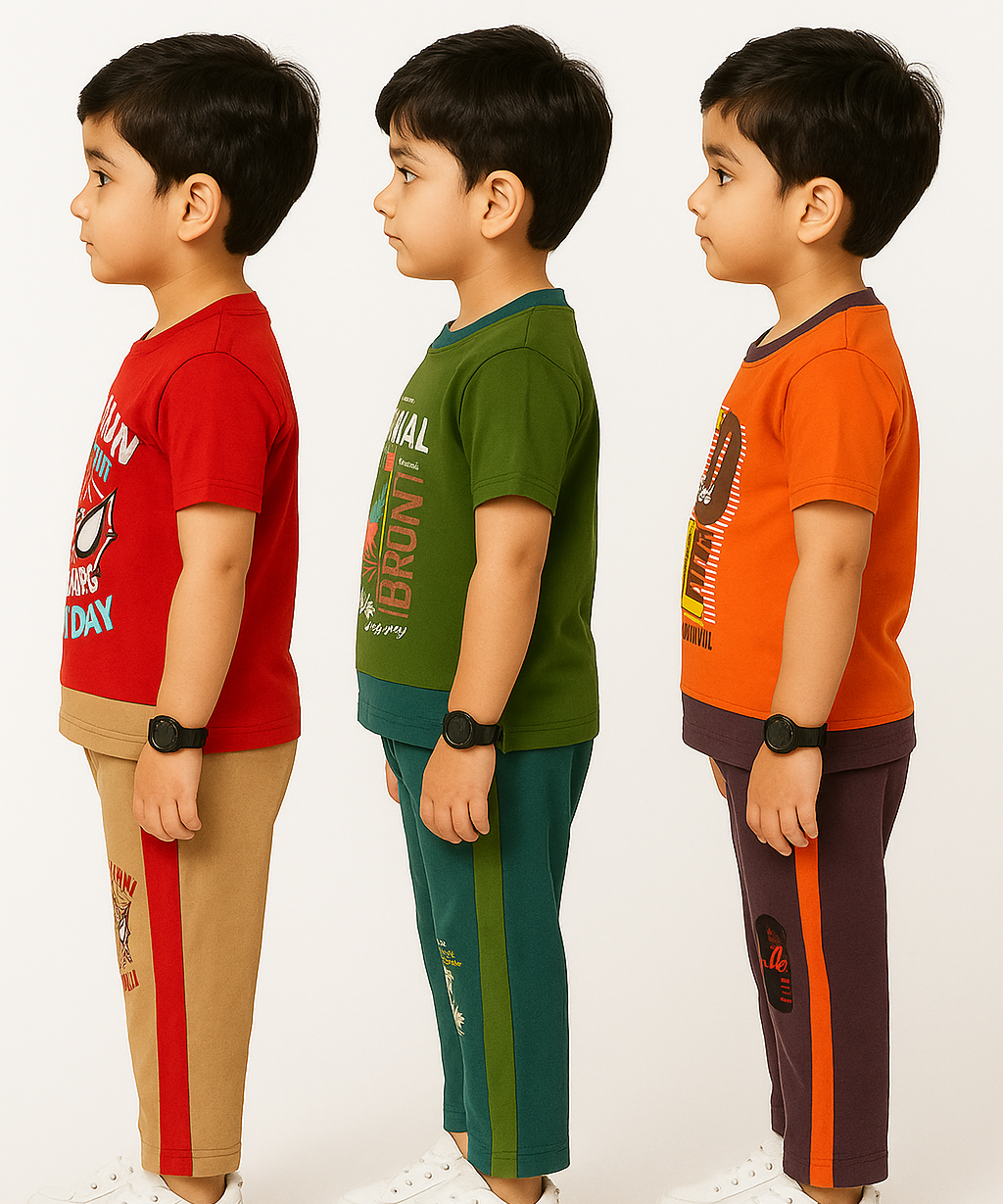 Boy Kid Co-ord Set | Half sleeve Tshirt and Trackpant for Boy Kids | Sizes Age 1 to 3 Years (Pack of 3 Set) - 927