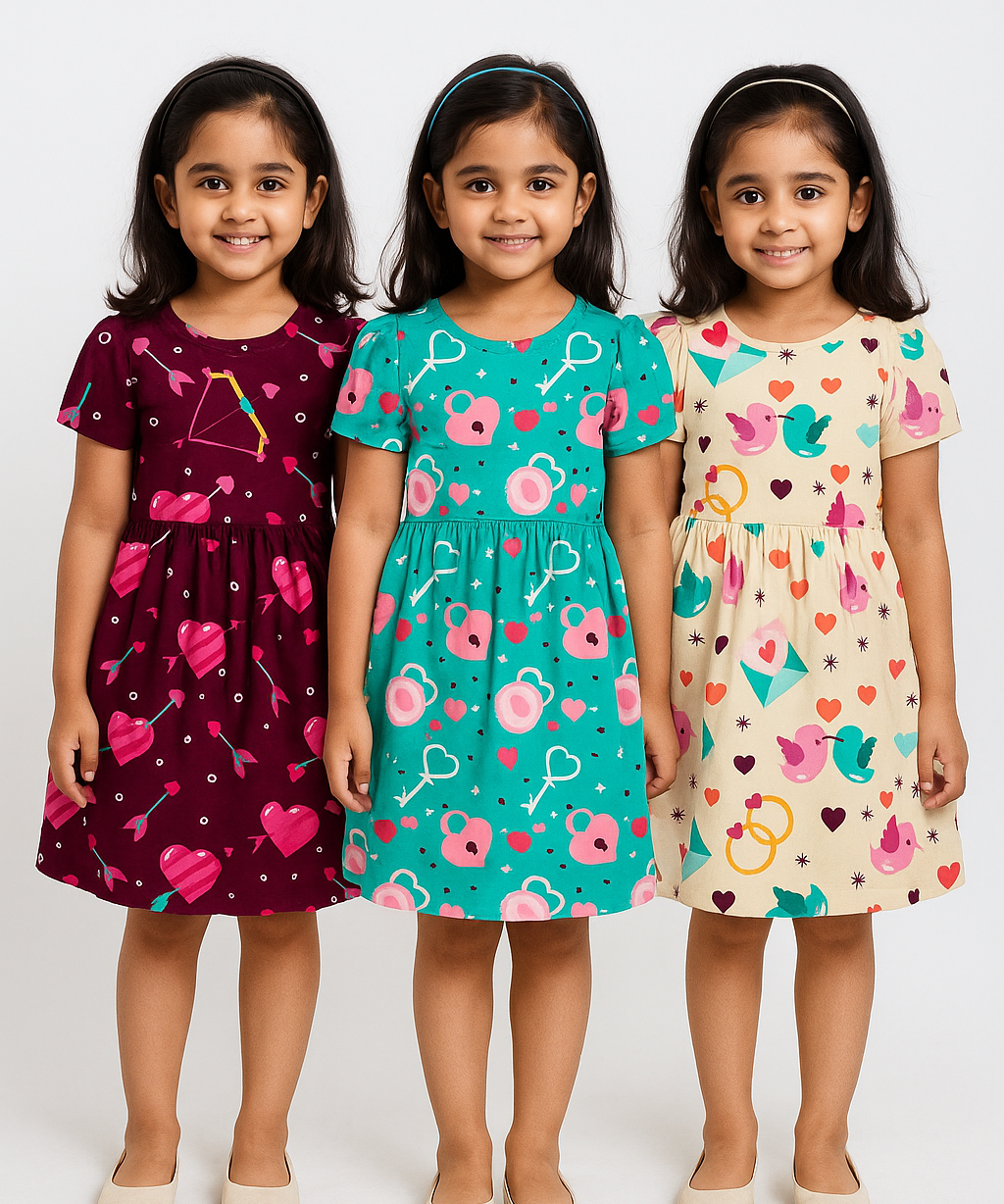 Girl Kids Frock 100% Cotton Floral Printed Gown Dress/Frock Dress | Age 1 to 5 Years (Pack of 3 Pieces)