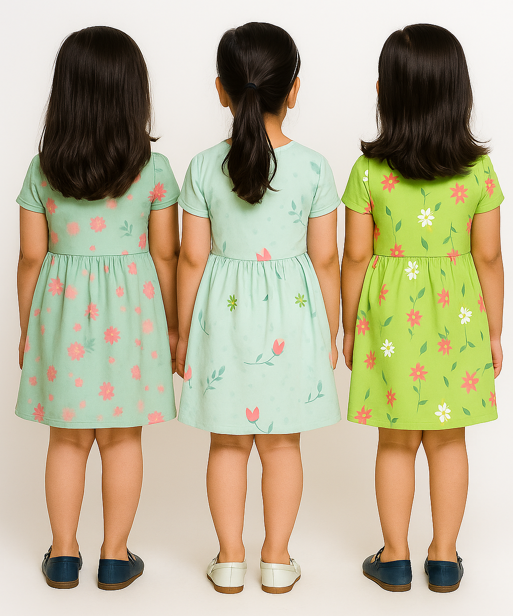 Girl Kids Frock 100% Cotton Floral Printed Gown Dress/Frock Dress | Age 1 to 5 Years (Pack of 3 Pieces)