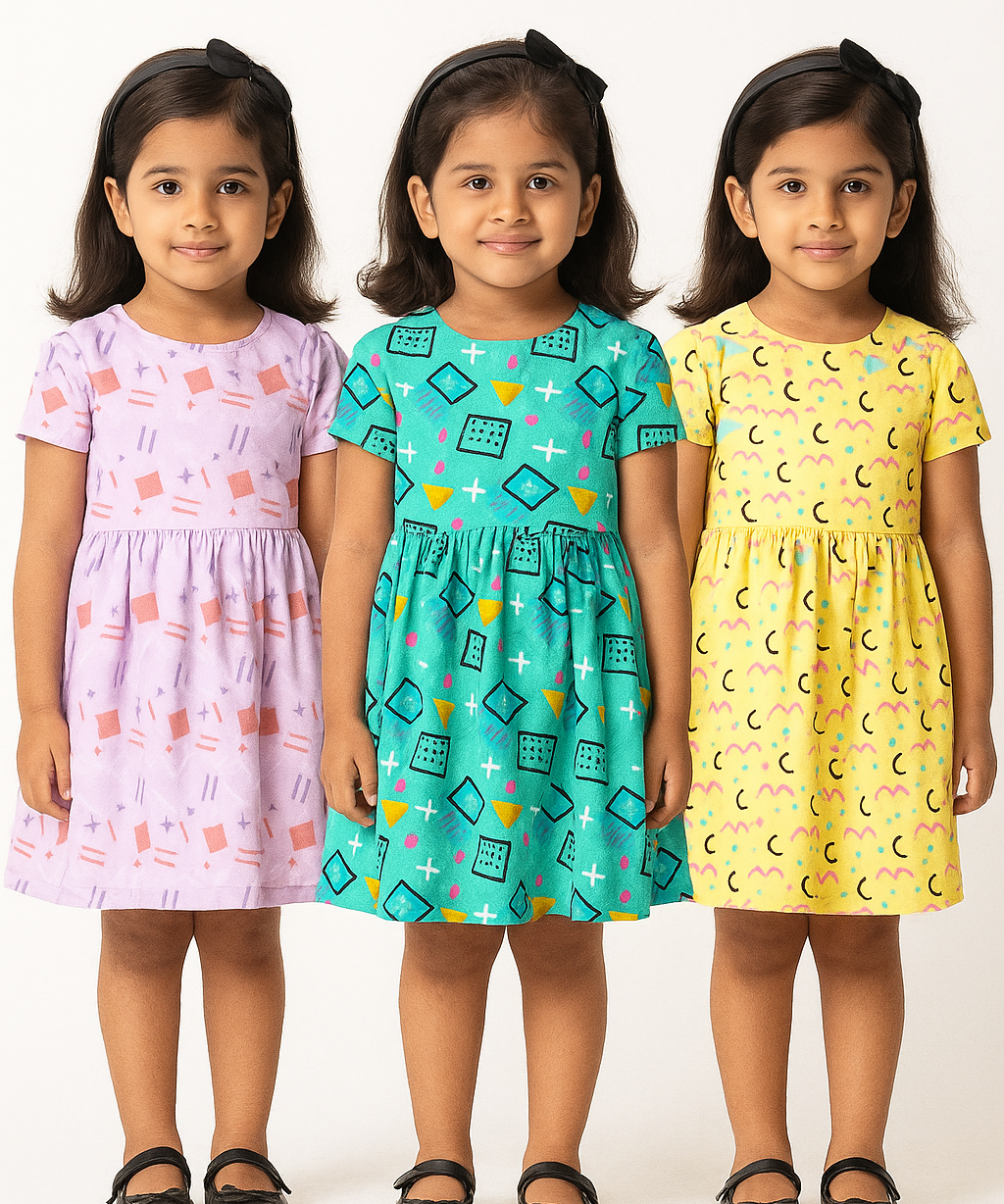 Girl Kids Frock 100% Cotton Floral Printed Gown Dress/Frock Dress | Age 1 to 5 Years (Pack of 3 Pieces)