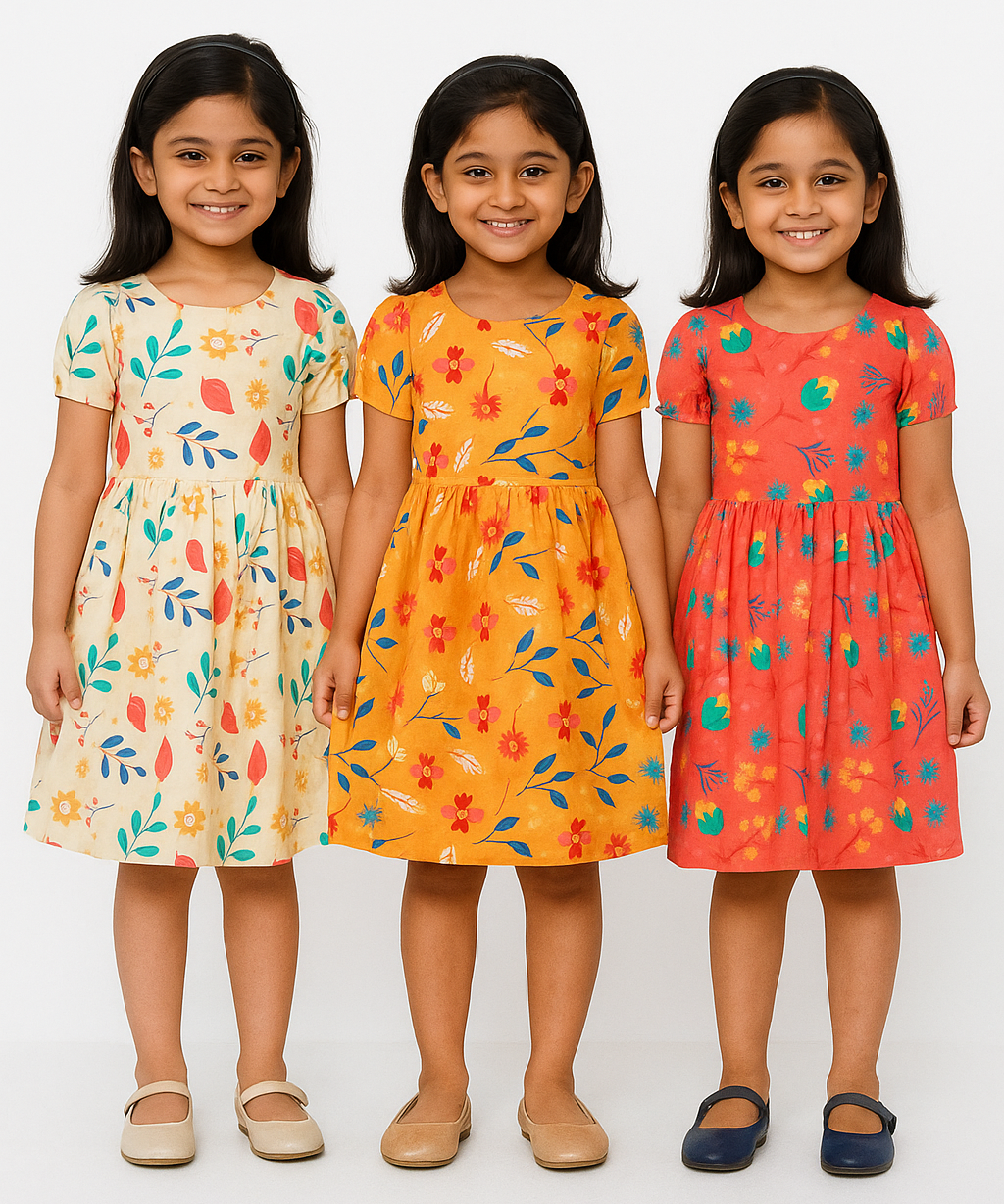 Girl Kids Frock 100% Cotton Floral Printed Gown Dress/Frock Dress | Age 1 to 5 Years (Pack of 3 Pieces)