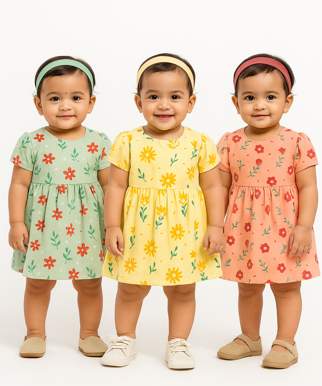 Girl Baby Frock 100% Cotton Floral Printed Gown Dress/Frock Dress | Age 0 to 12 Months (Pack of 3 Pieces)