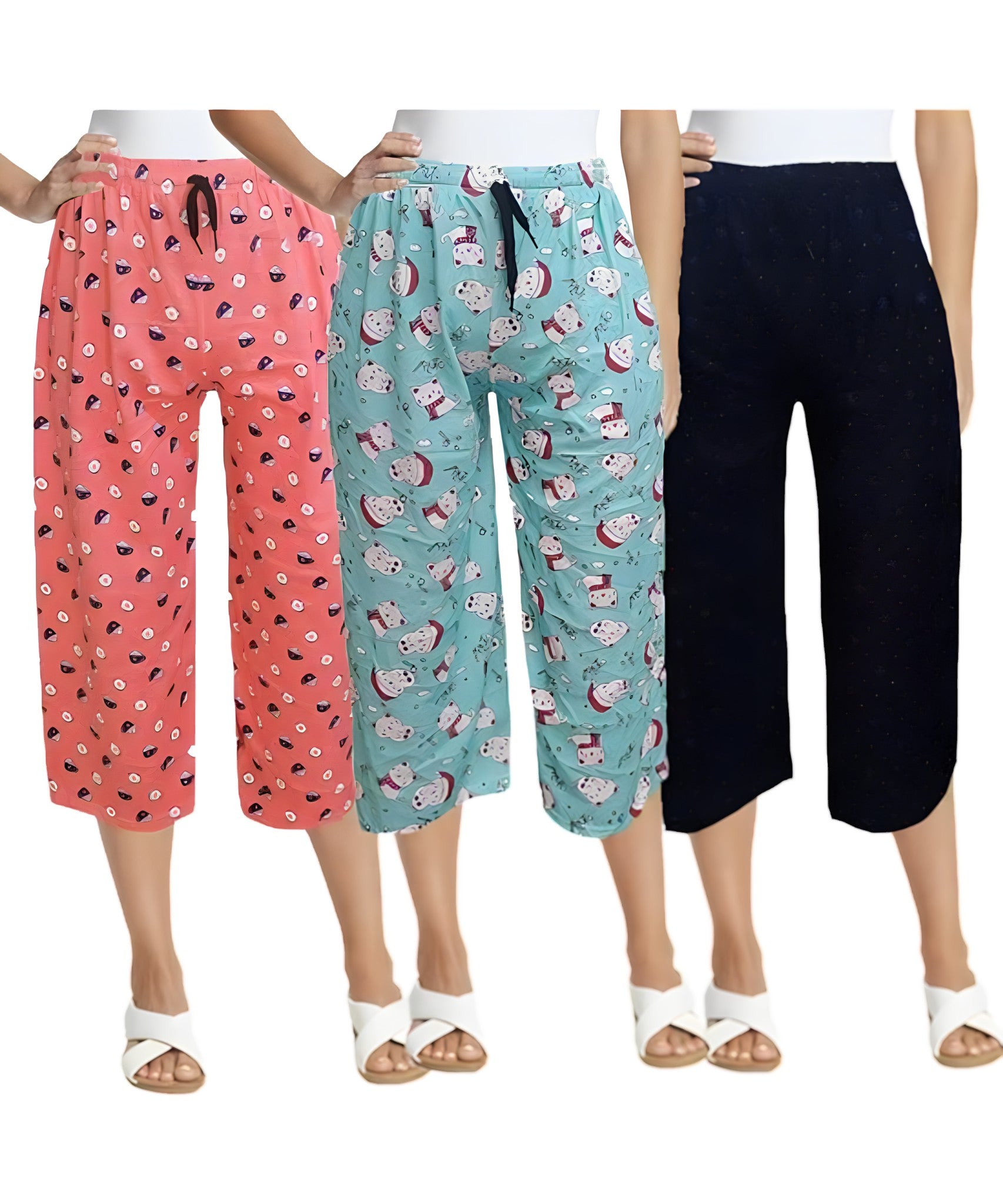 Women Night Wear 100% Cotton Printed Capri / 3/4 Shorts Combo (Pack of 3)