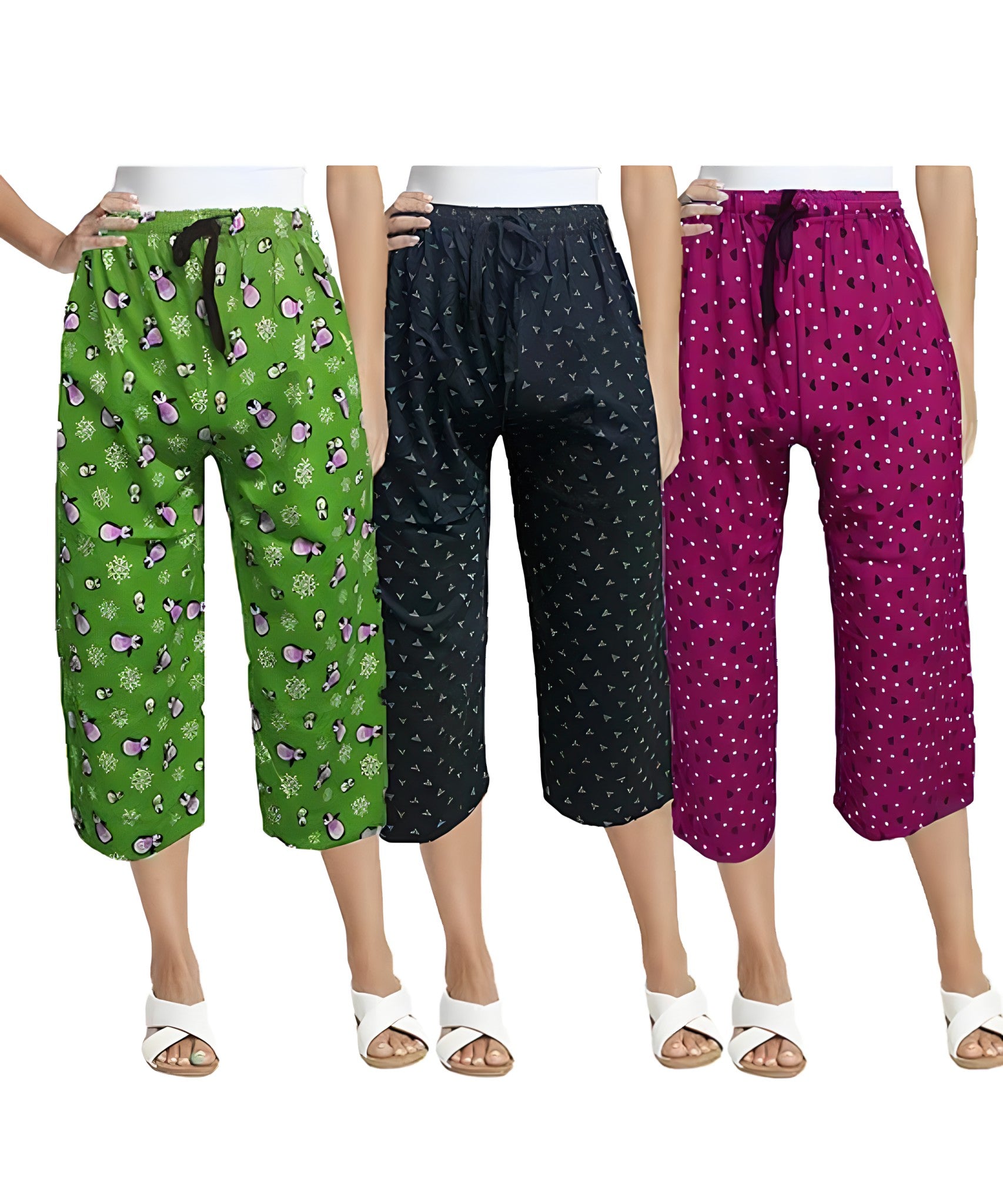 Women Night Wear 100% Cotton Printed Capri / 3/4 Shorts Combo (Pack of 3)