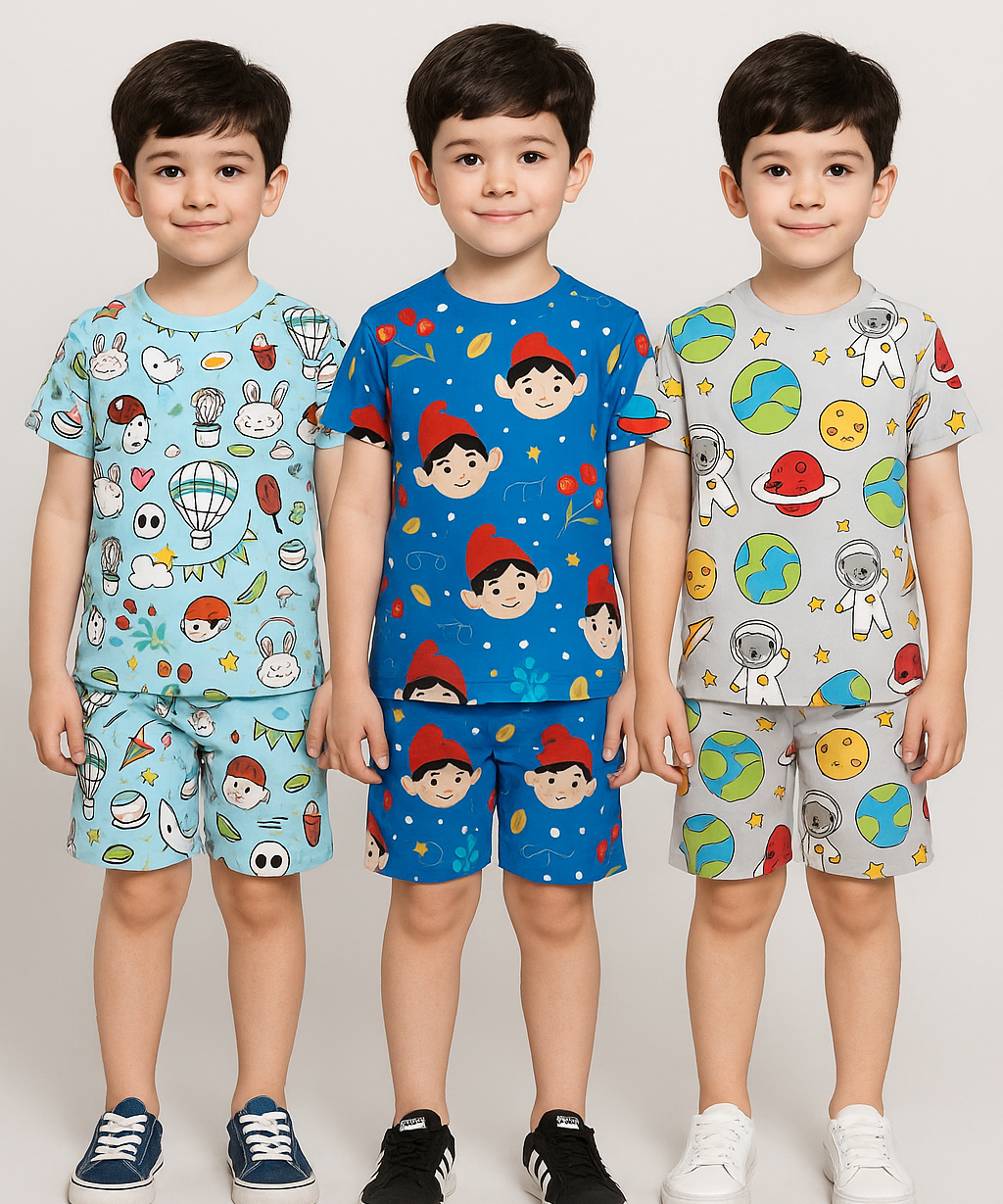 Boys Cotton Cartoon Printed Kids Co-ord Set Combo | Age 1 to 10 Years | Tshirt & Shorts (Combo Set Pack of 3)