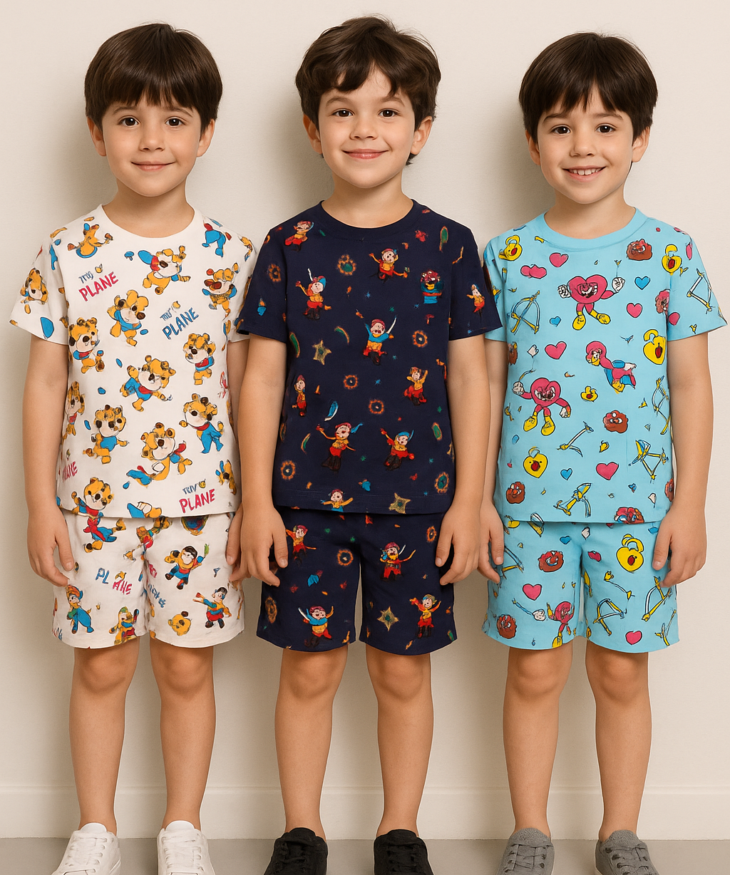 Boys Cotton Cartoon Printed Kids Co-ord Set Combo | Age 1 to 10 Years | Tshirt & Shorts (Combo Set Pack of 3)