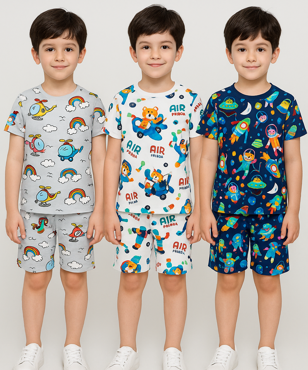 Boys Cotton Cartoon Printed Kids Co-ord Set Combo | Age 1 to 10 Years | Tshirt & Shorts (Combo Set Pack of 3)