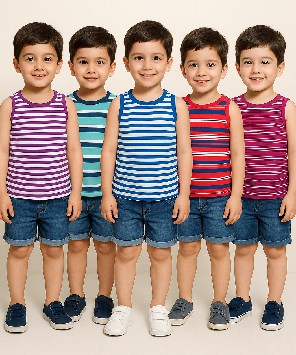 Cotton Stripes Kids Sleeveless Tshirt (Pack of 5)