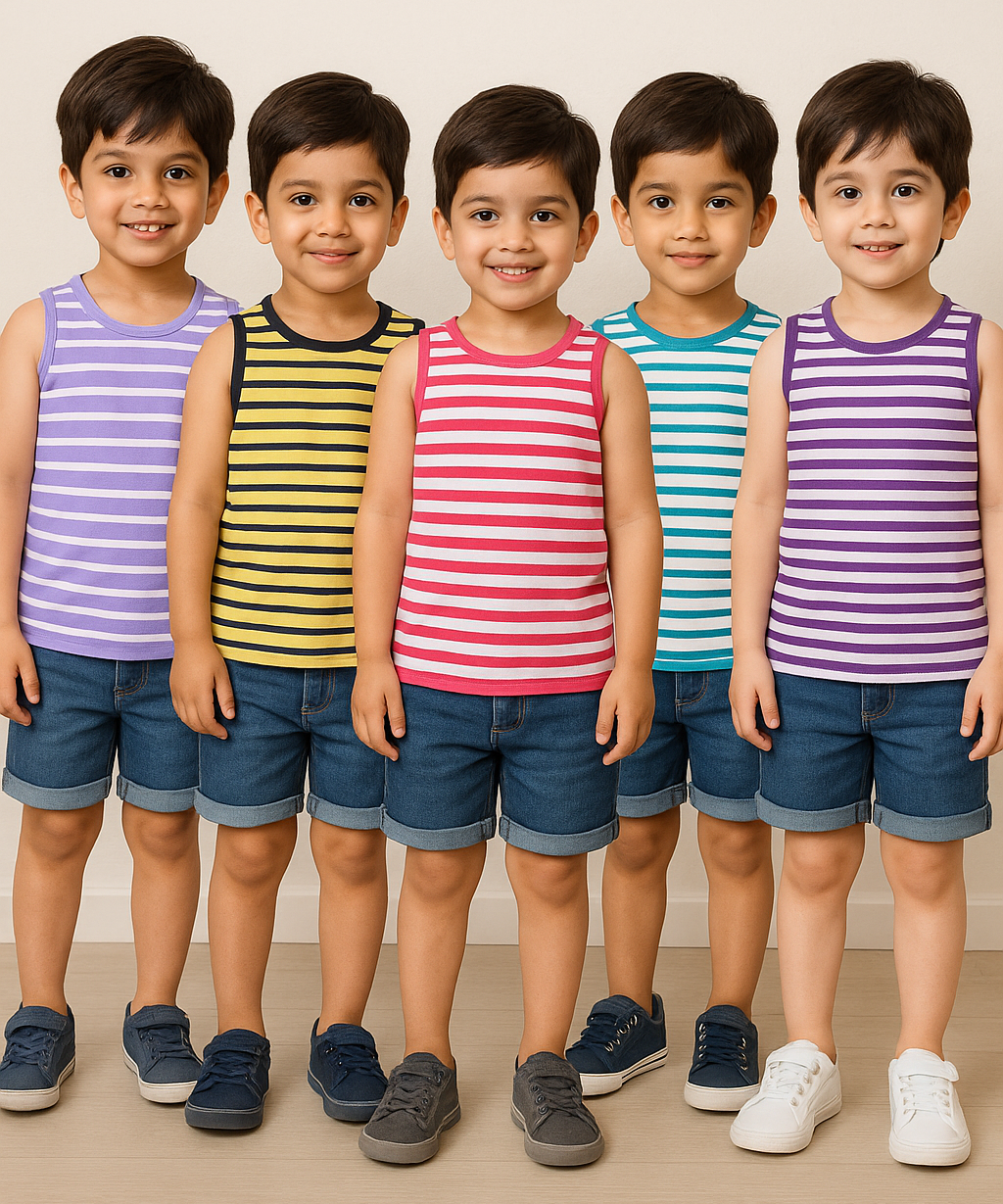Cotton Stripes Kids Sleeveless Tshirt (Pack of 5)