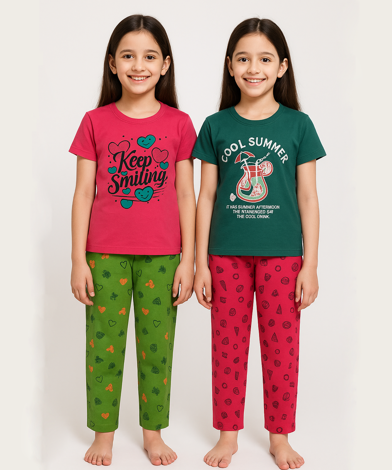 Cotton Girls Night Suit Set Combo / Age 10-11 Years XL Size (Tshirt & Track Pant Set Pack of 2)