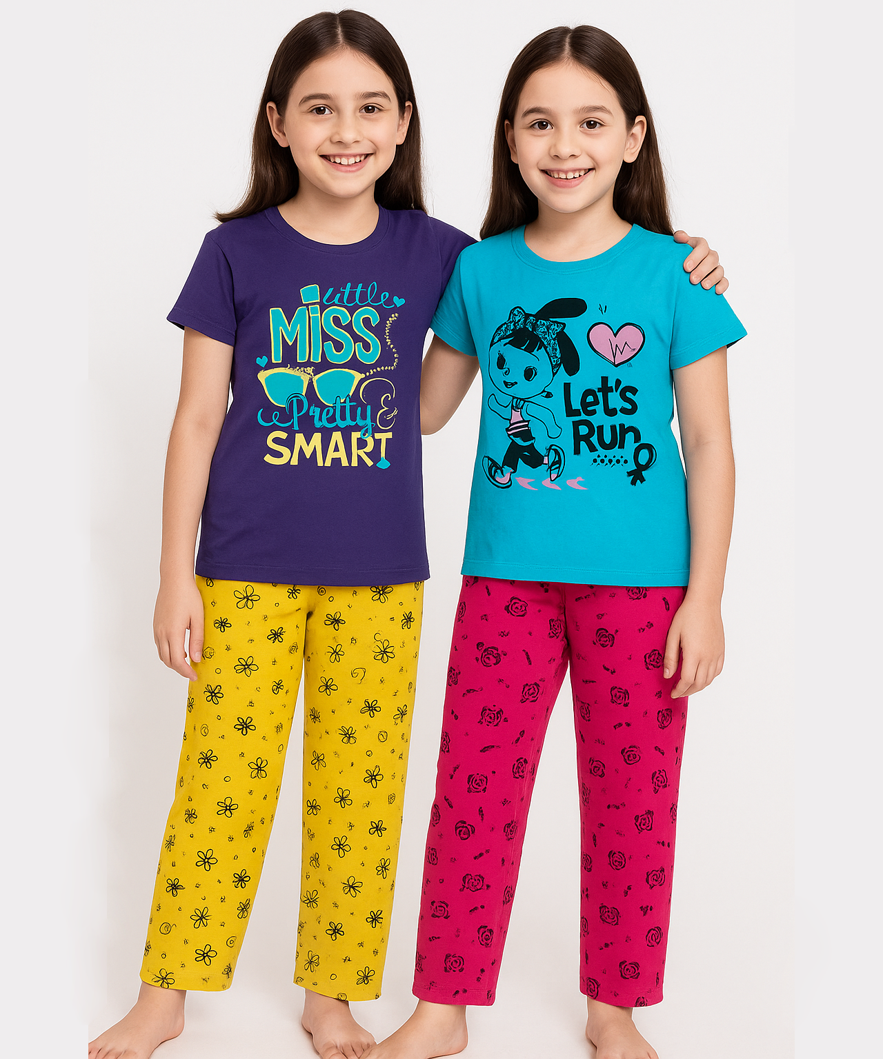 Cotton Girls Night Suit Set Combo / Age 10-11 Years XL Size (Tshirt & Track Pant Set Pack of 2)