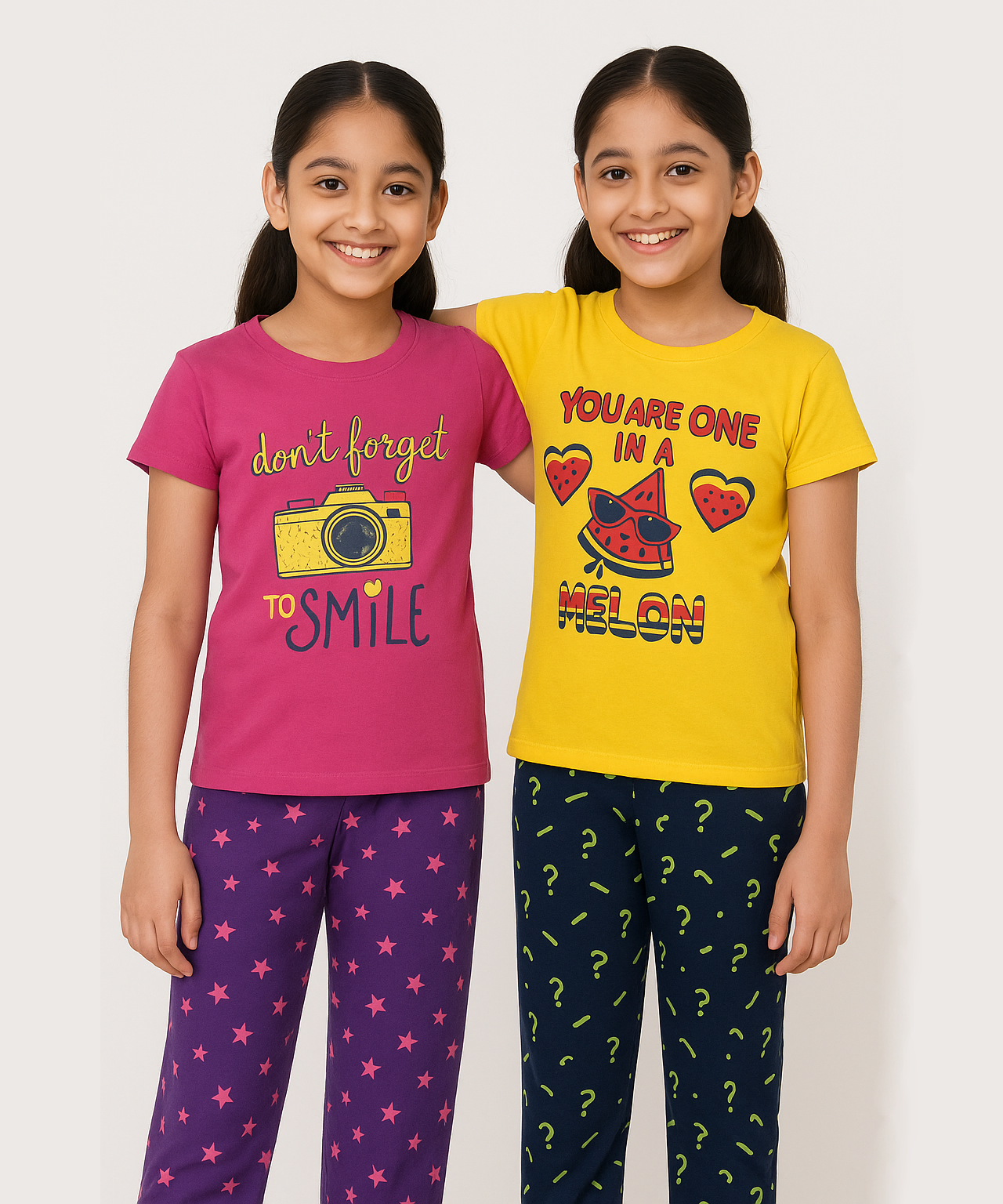 Cotton Girls Night Suit Set Combo / Age 10-11 Years XL Size (Tshirt & Track Pant Set Pack of 2)