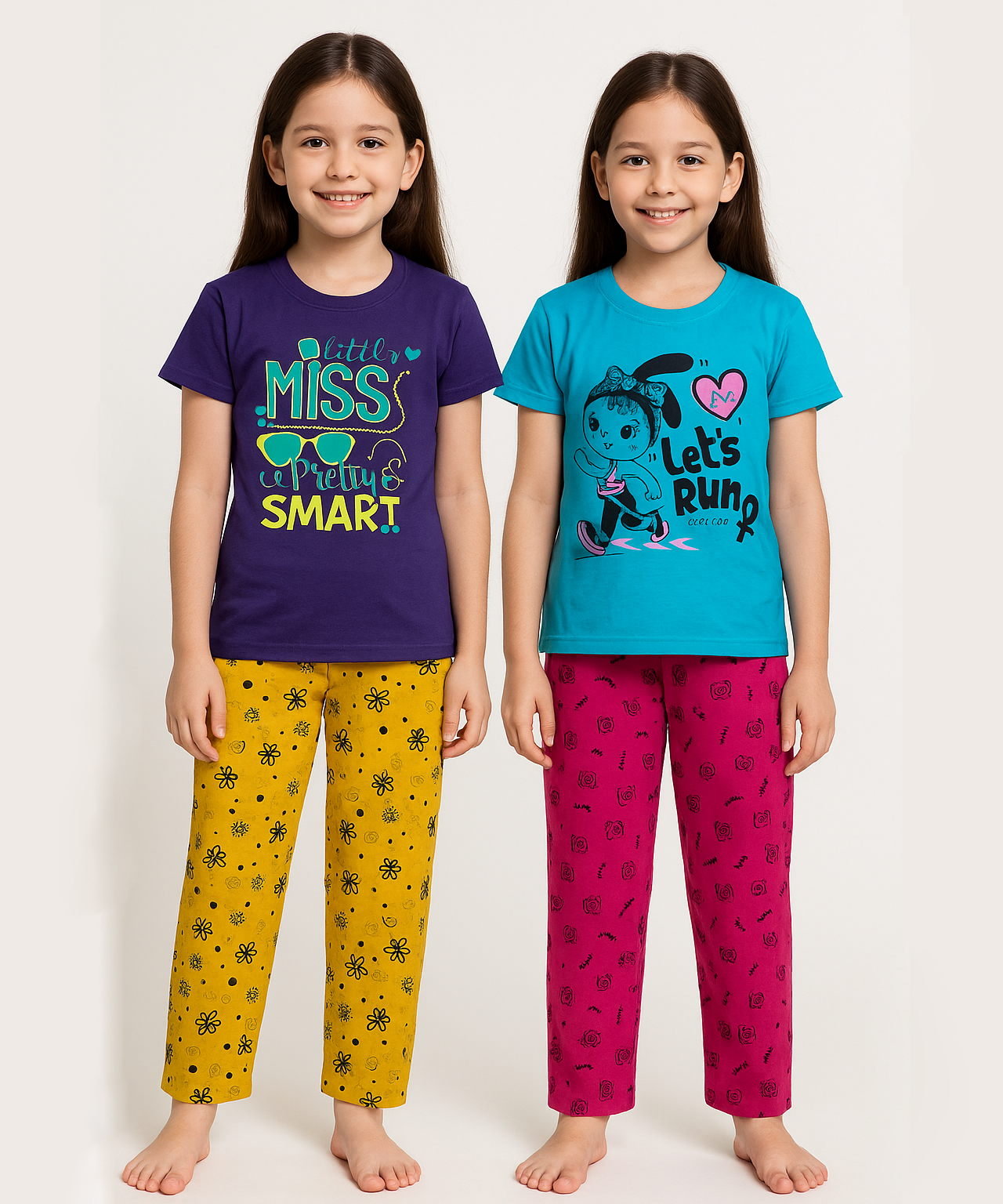 Cotton Girls Night Suit Set Combo / Age 8-9 Years L Size (Tshirt & Track Pant Set Pack of 2)