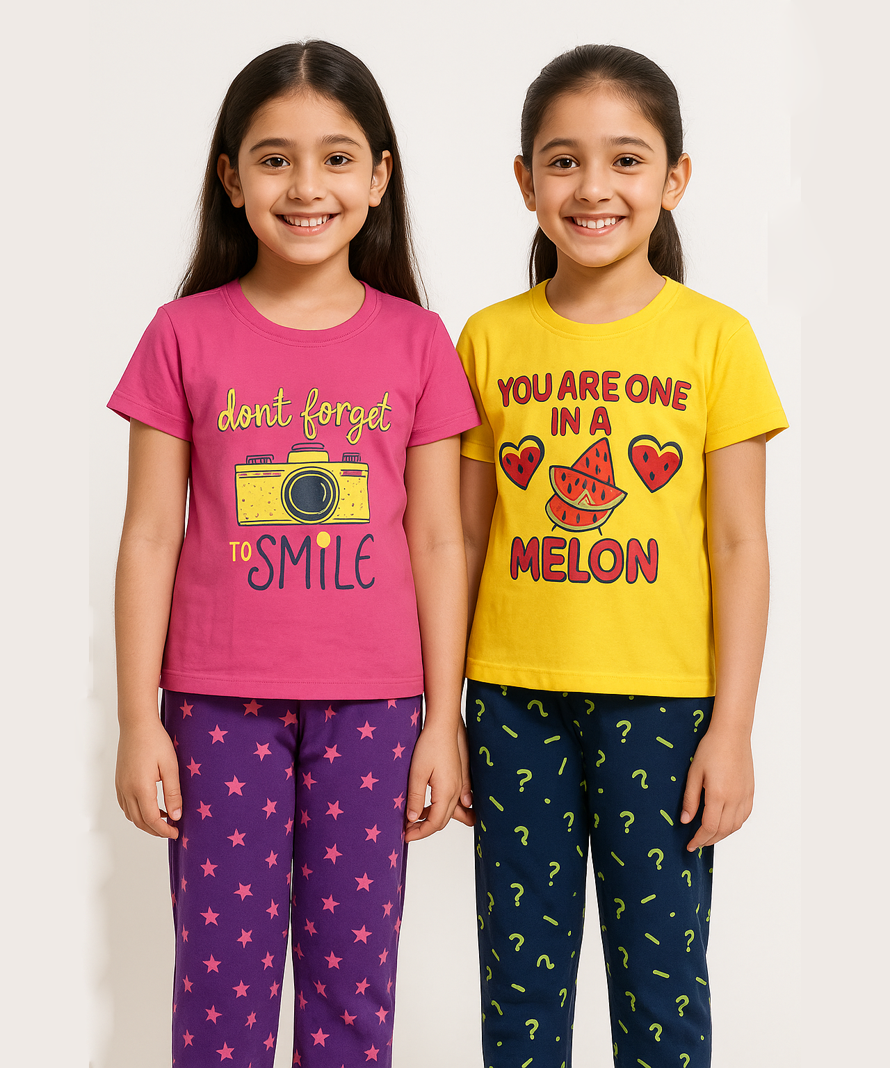 Cotton Girls Night Suit Set Combo / Age 8-9 Years L Size (Tshirt & Track Pant Set Pack of 2)