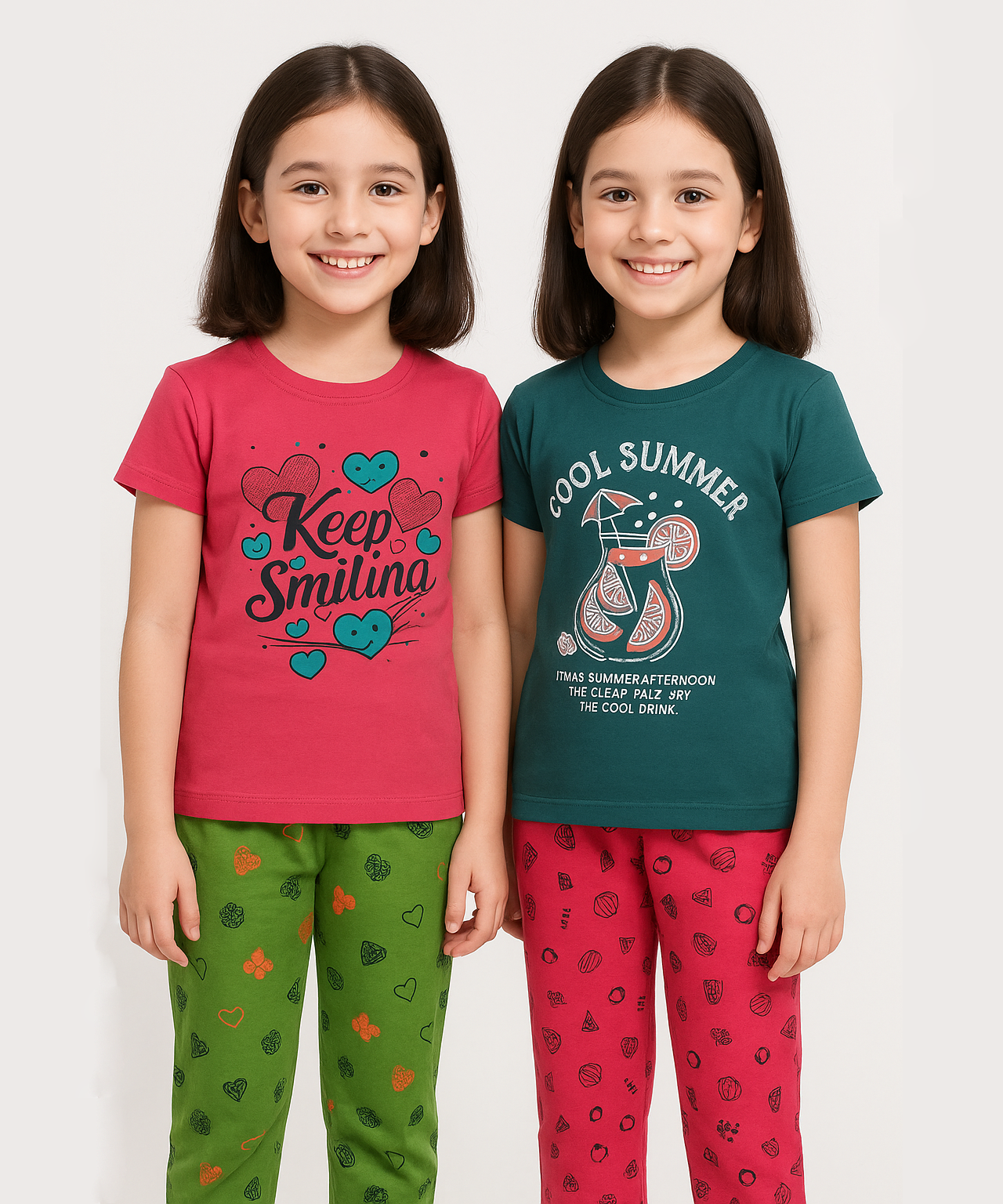 Cotton Girls Night Suit Set Combo / Age 8-9 Years L Size (Tshirt & Track Pant Set Pack of 2)