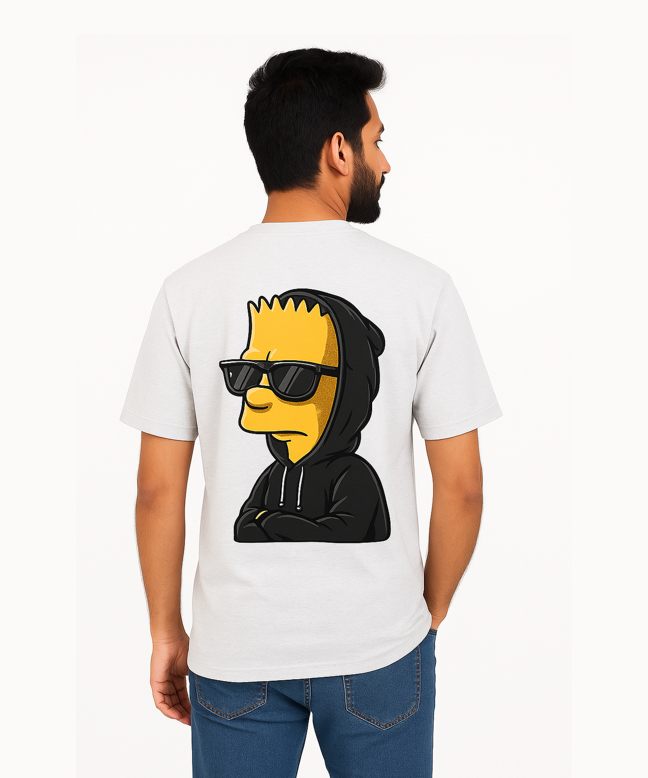 Melange White Color / Drop Shoulder/Oversized Tshirt With Bart Simpson Printed / Solid Brand