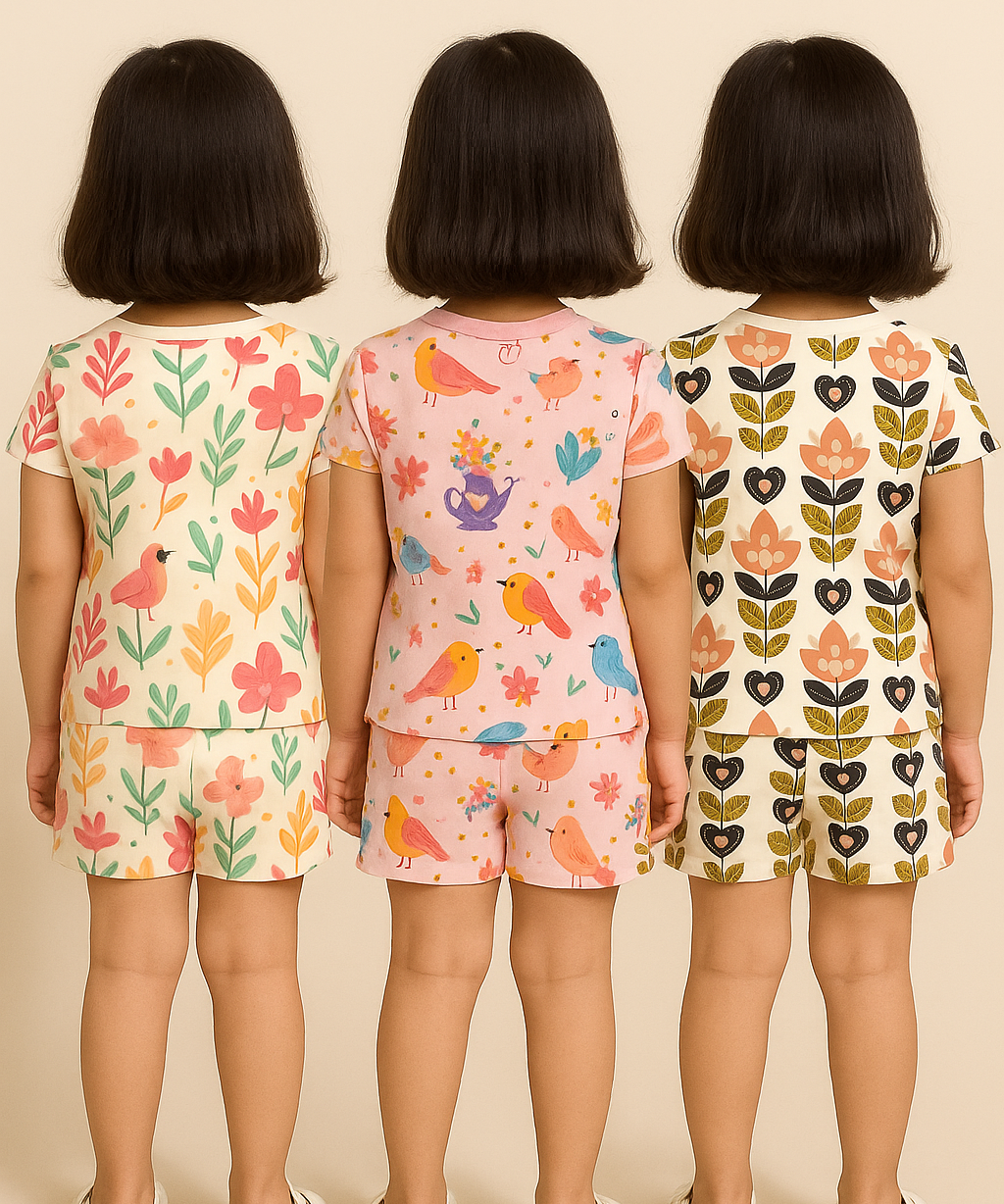 Girl Kids All Over Printed Co-ord Set | Tshirt and Shorts | Age 0 to 3 Years (Pack of 3 Sets)