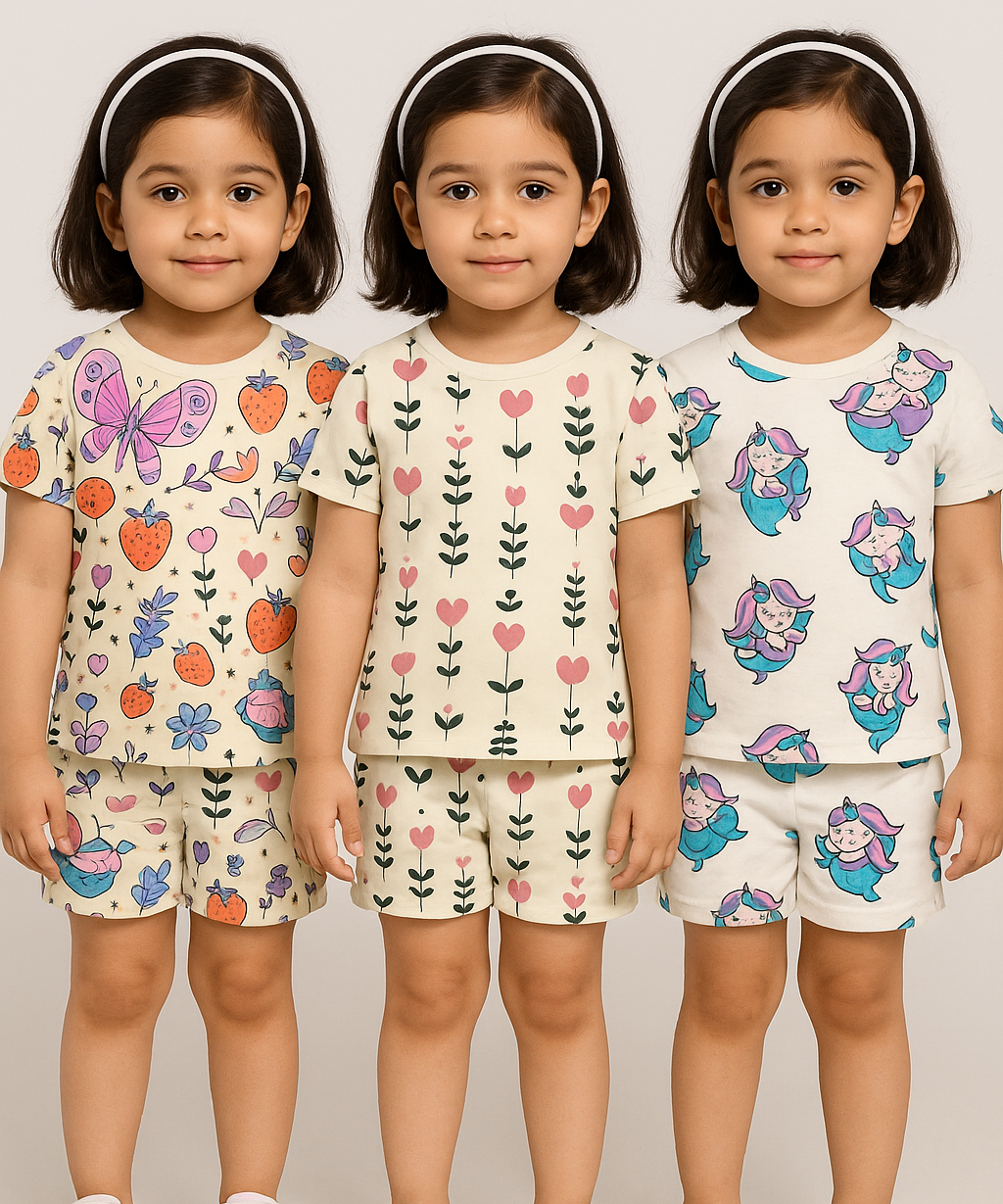 Girl Kids All Over Printed Co-ord Set | Tshirt and Shorts | Age 0 to 3 Years (Pack of 3 Sets)