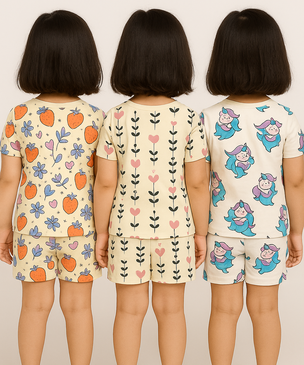 Girl Kids All Over Printed Co-ord Set | Tshirt and Shorts | Age 0 to 3 Years (Pack of 3 Sets)