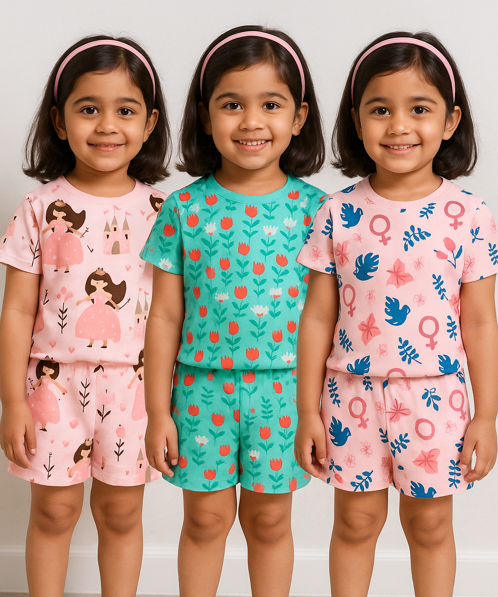 Girl Kids All Over Printed Co-ord Set | Tshirt and Shorts | Age 0 to 3 Years (Pack of 3 Sets)