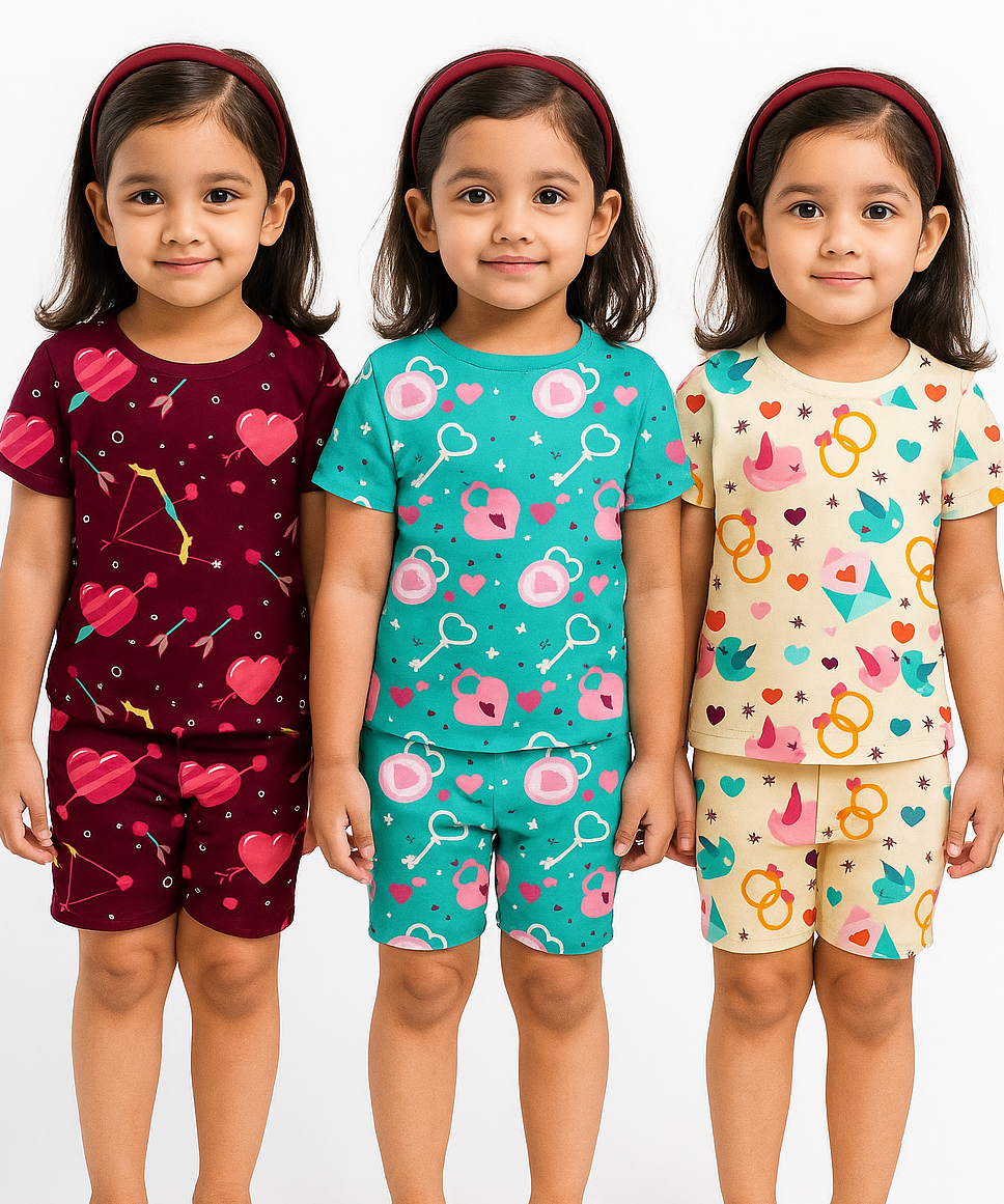 Girl Kids All Over Printed Co-ord Set | Tshirt and Shorts | Age 0 to 3 Years (Pack of 3 Sets)