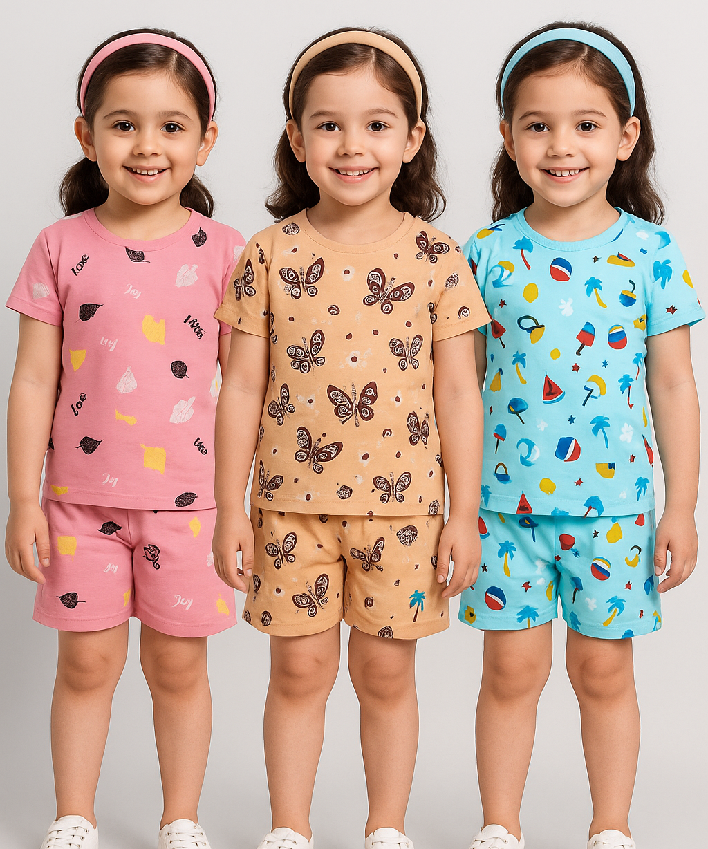 Girl Kids All Over Printed Co-ord Set | Tshirt and Shorts | Age 0 to 3 Years (Pack of 3 Sets)