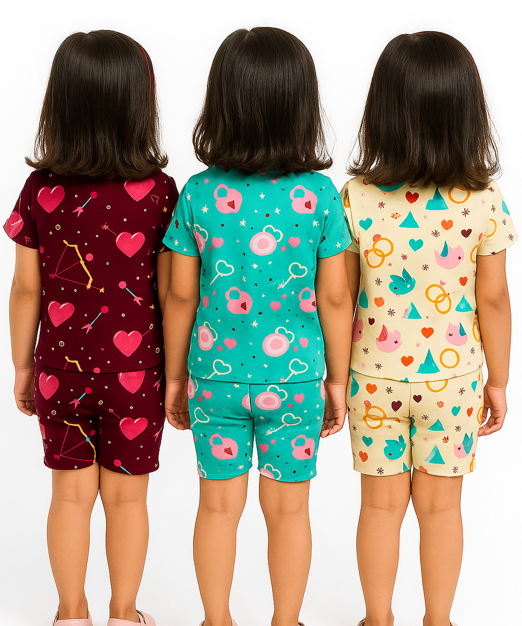 Girl Kids All Over Printed Co-ord Set | Tshirt and Shorts | Age 0 to 3 Years (Pack of 3 Sets)