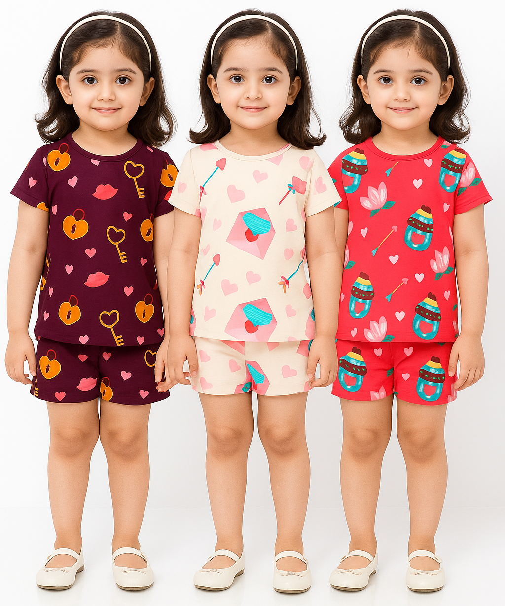 Girl Kids All Over Printed Co-ord Set | Tshirt and Shorts | Age 0 to 3 Years (Pack of 3 Sets)