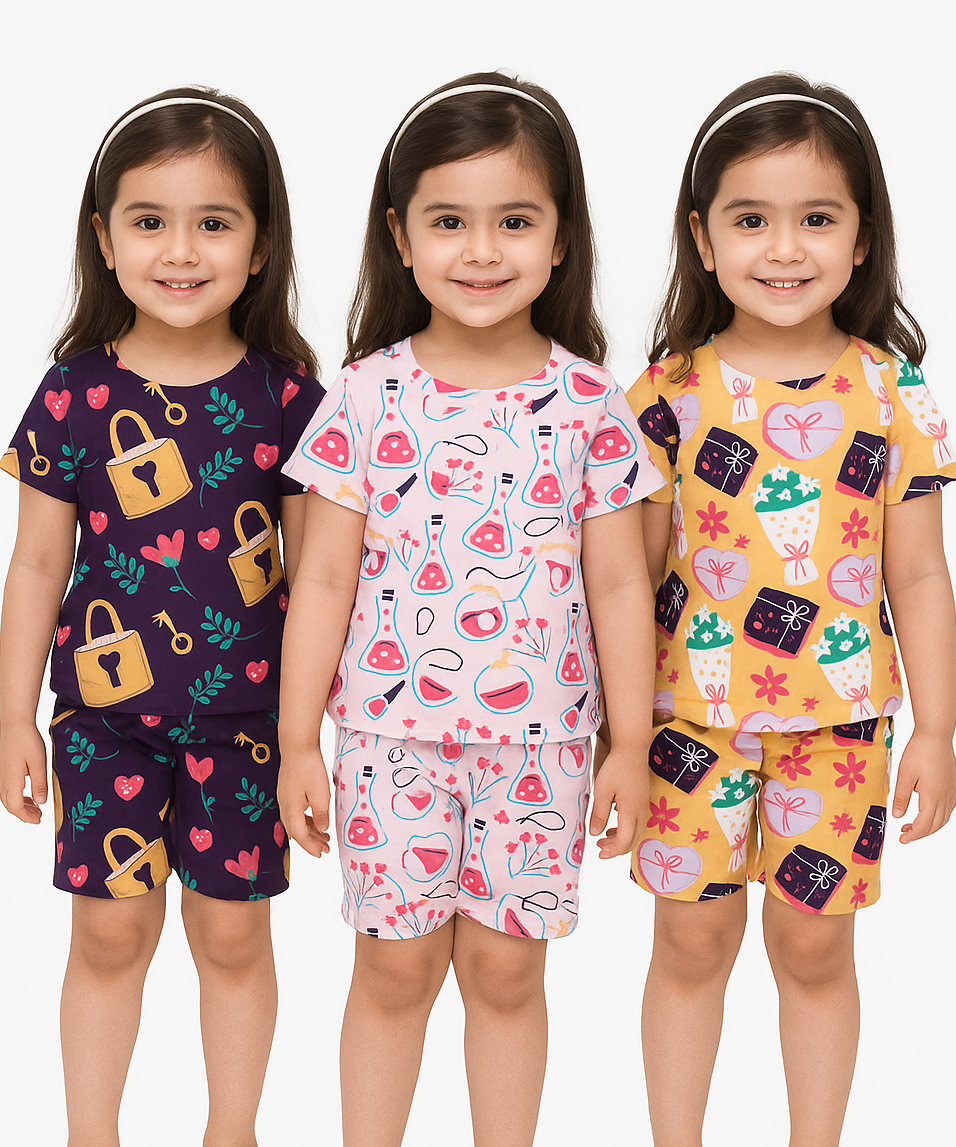 Girl Kids All Over Printed Co-ord Set | Tshirt and Shorts | Age 0 to 3 Years (Pack of 3 Sets)