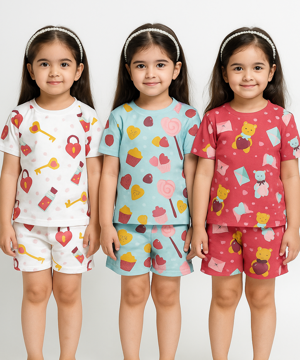 Girl Kids All Over Printed Co-ord Set | Tshirt and Shorts | Age 0 to 3 Years (Pack of 3 Sets)