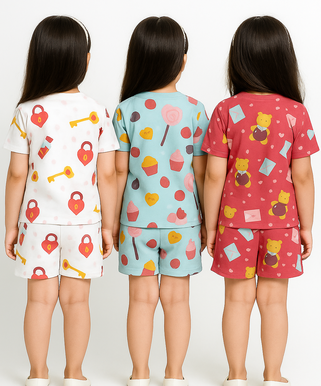 Girl Kids All Over Printed Co-ord Set | Tshirt and Shorts | Age 0 to 3 Years (Pack of 3 Sets)