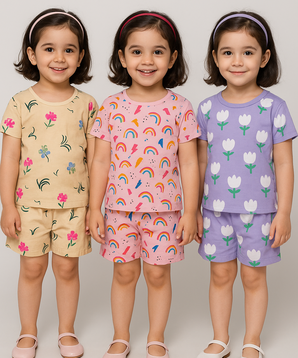 Girl Kids All Over Printed Co-ord Set | Tshirt and Shorts | Age 0 to 3 Years (Pack of 3 Sets)