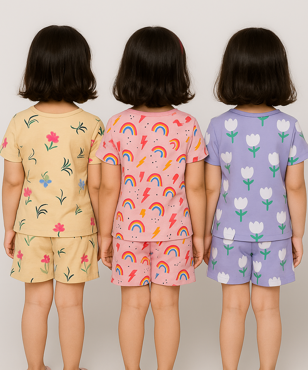 Girl Kids All Over Printed Co-ord Set | Tshirt and Shorts | Age 0 to 3 Years (Pack of 3 Sets)