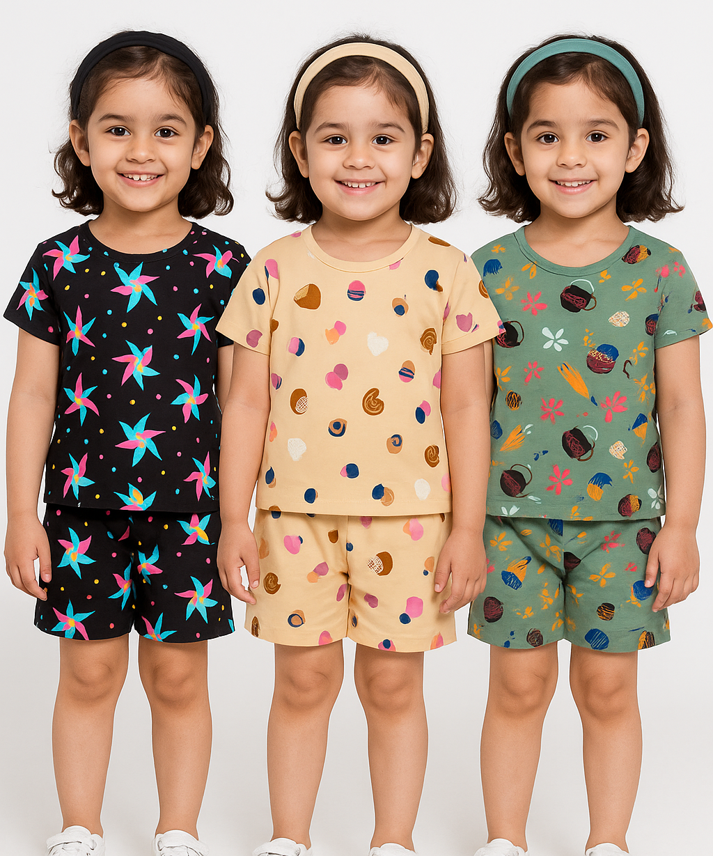 Girl Kids All Over Printed Co-ord Set | Tshirt and Shorts | Age 0 to 3 Years (Pack of 3 Sets)