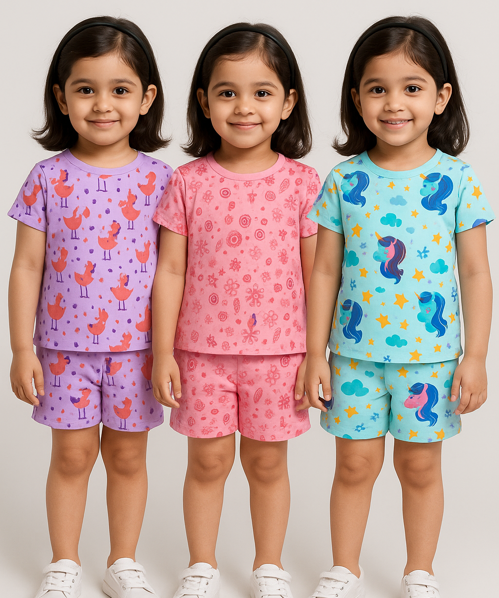 Girl Kids All Over Printed Co-ord Set | Tshirt and Shorts | Age 0 to 3 Years (Pack of 3 Sets)