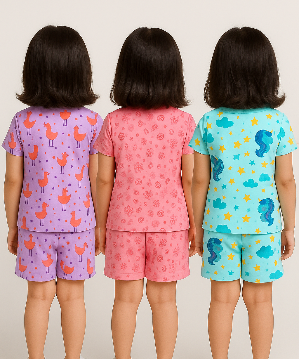 Girl Kids All Over Printed Co-ord Set | Tshirt and Shorts | Age 0 to 3 Years (Pack of 3 Sets)