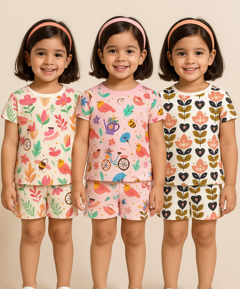 Girl Kids All Over Printed Co-ord Set | Tshirt and Shorts | Age 0 to 3 Years (Pack of 3 Sets)