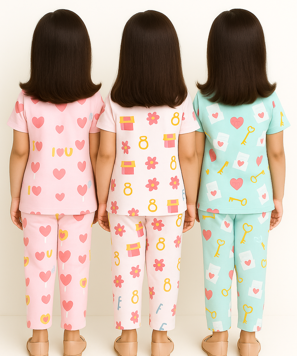 Girl Kids All Over Printed Co-ord Set | Tshirt and Pant | Age 3 to 6 Years (Pack of 3 Sets)